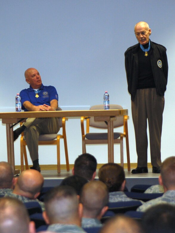 Retired U.S. Army Col. Robert Howard (right), Medal of Honor recipient, talks to the most recent Kisling Noncommissioned Officer Academy class about leadership and commitment to service as MOH recipient retired Command Sgt. Maj. Gary Littrell looks on, Kapaun Air Station, Germany, Oct. 23, 2009. The two visited the NCOA and wounded warriors at Landstuhl Regional Medical Center as part of an Armed Forces Entertainment tour. (U.S. Air Force photo by Senior Airman Amanda Dick)