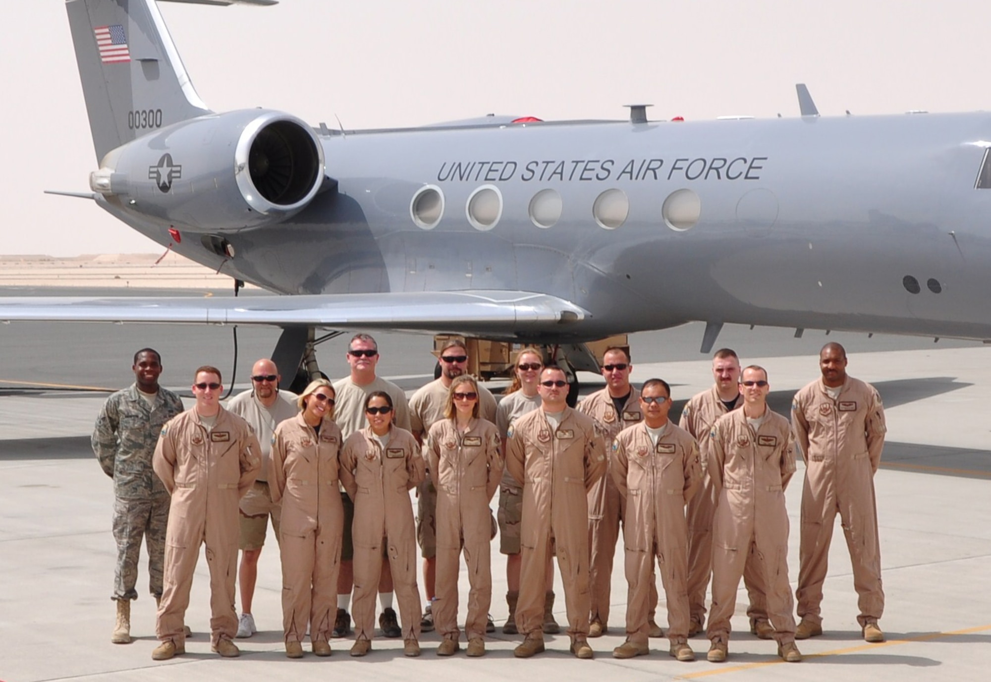 A team of 11 active-duty members from the 76th Airlift Squadron and four civilian maintenance contractors stand in front of one of Ramstein Air Base’s C-20H aircraft. The team completed 144 sorties within the two-month period with flights throughout Europe and Southwest Asia. (Courtesy photo)