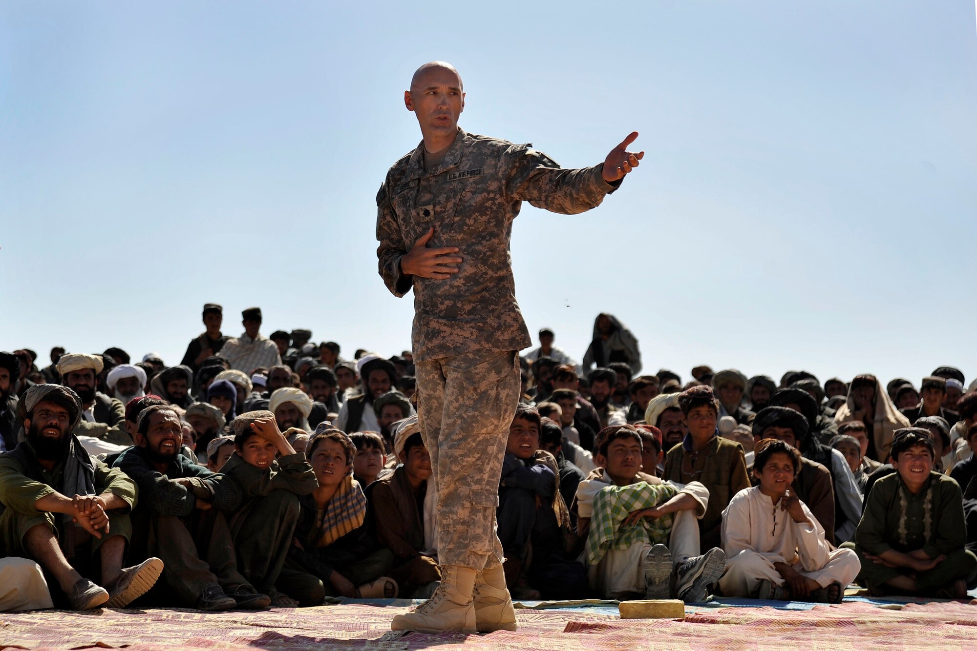 In Shajoy, U.S. Air Force Lt Col Andy Veres, commander of the Zabul Provincial Reconstruction Team, speaks at the ground-breaking ceremony of the first all girl's high school in the province Oct. 22, 2009. (U.S. Air Force photo/Staff Sgt. Angelita Lawrence)

