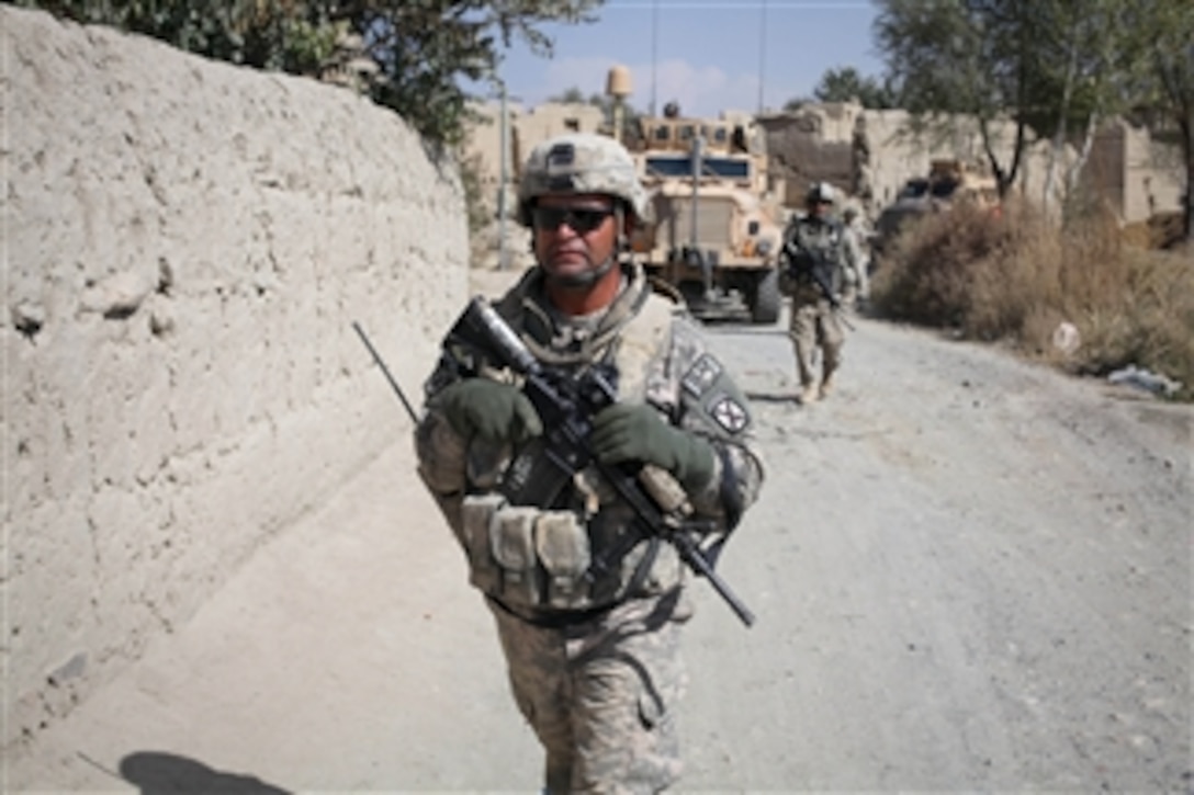 U.S. Army soldiers from 2nd Battalion, 87th Infantry Regiment, 3rd Brigade Combat Team, 10th Mountain Division patrol the Nerkh district in the Wardak province, Afghanistan, on Oct. 21, 2009.  