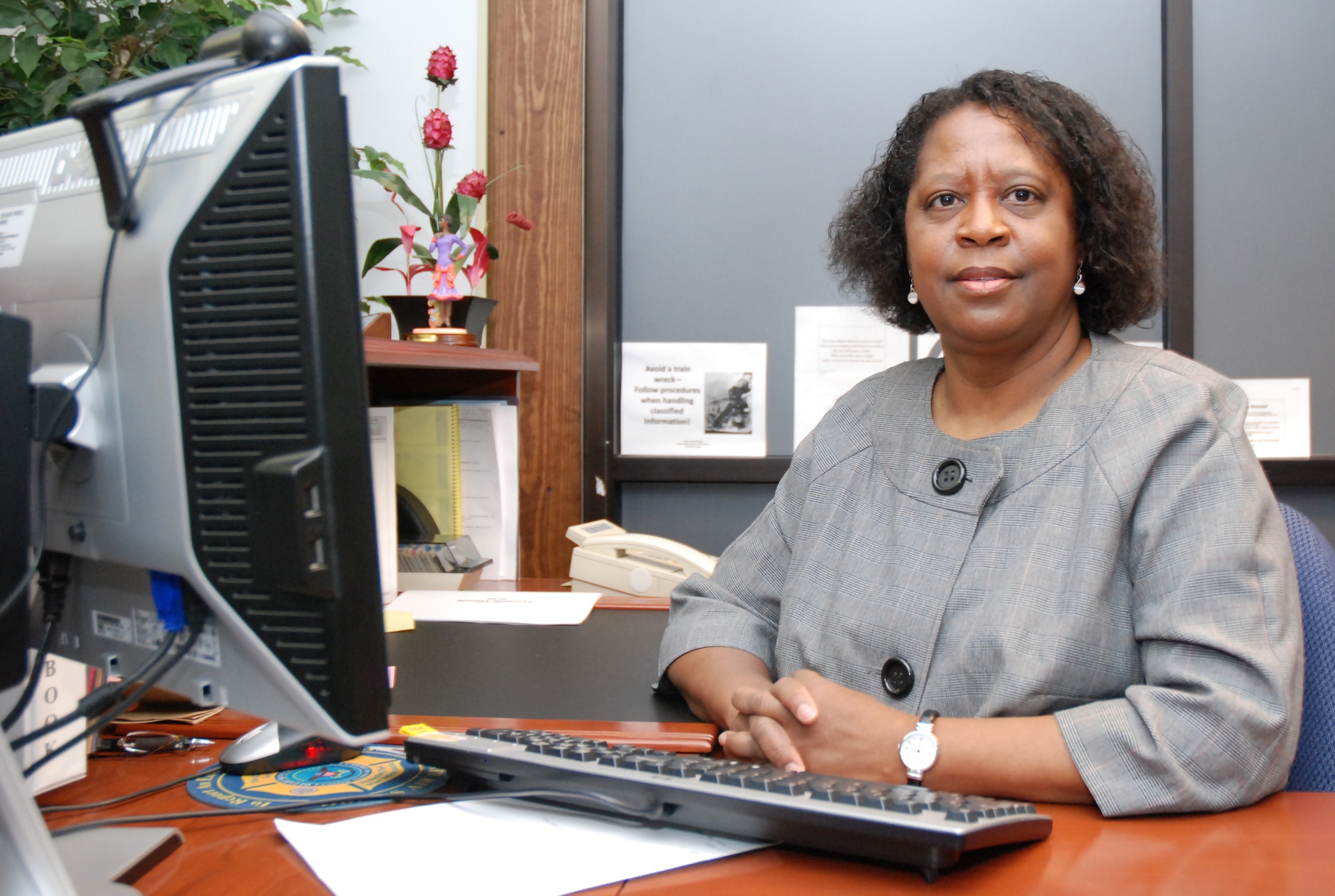 Aletha G. Blackshear is the administrative assistant to the Wing Commander. Her duties include meeting and greeting visitors, answering phones, directing the flow of traffic, lodging paperwork, scheduling meetings and entering wing timecards.
