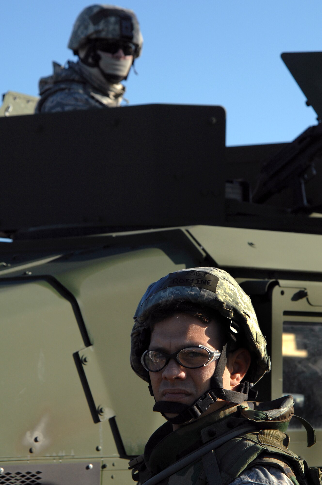 Tech. Sgt. Daniel Romine, 442nd Civil Engineer Squadron, stays vigilant Oct. 24 during a convoy exercise, which was part of the 442nd Fighter Wing's operational readiness exercise at Whiteman Air Force Base, Mo.  Sergeant Romine and most of the rest of the CE Squadron operated from "Camp Rock" for the two-day field training portion of the inspection.  The 442nd Fighter Wing is an Air Force Reserve Command unit based at Whiteman.  The 442nd flies, maintains and operates a squadron of A-10 Thunderbolt II ground-attack aircraft.  (U.S. Air Force photo/Senior Airman Kenny Holston)