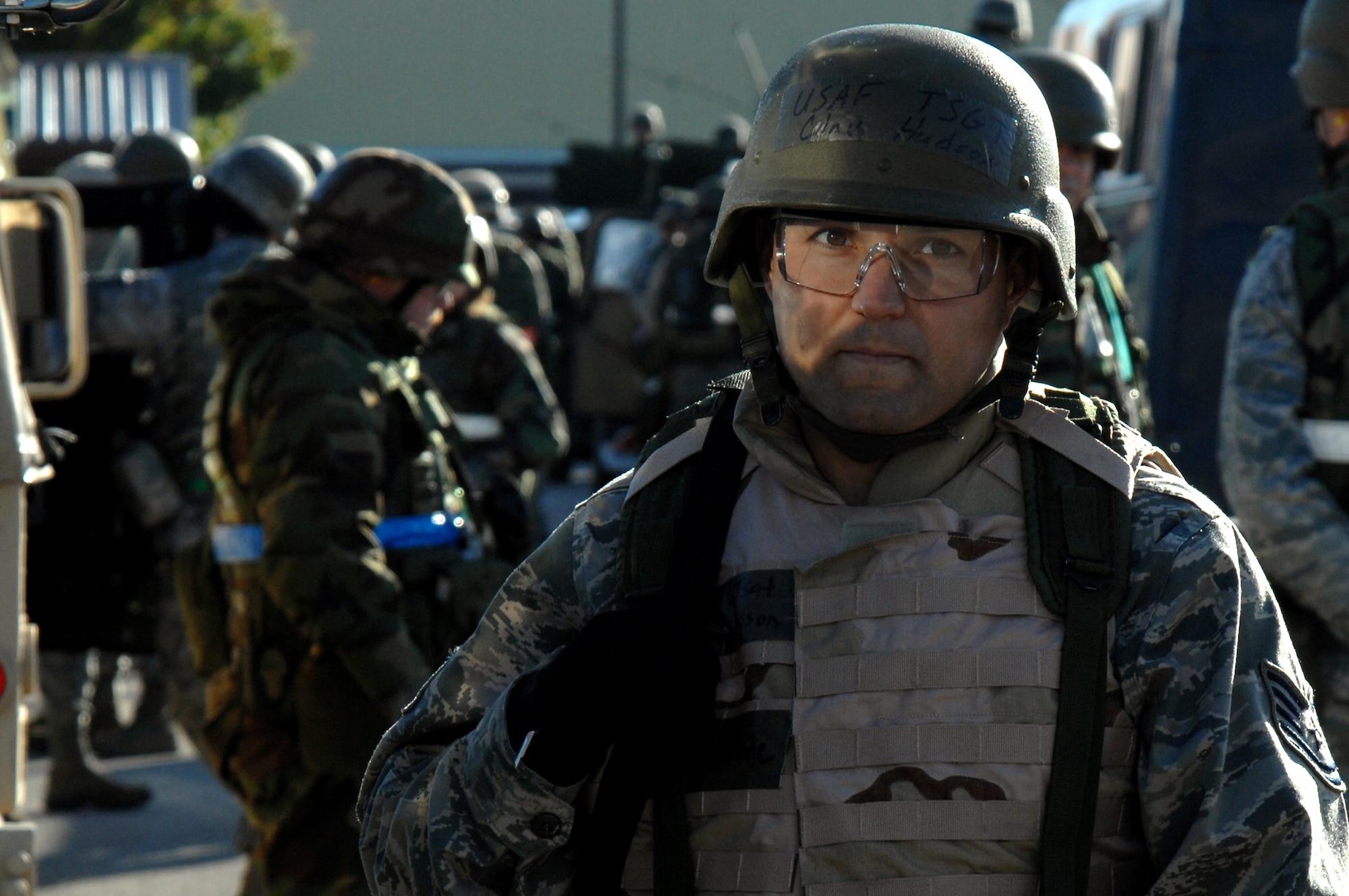 Tech. Sgt. Clay Hudson, 442nd Logistics Readiness Squadron, gets ready for a convoy to "Camp Rock" during the 442nd Fighter Wing's operational readiness inspection Oct. 24 at Whiteman Air Force Base, Mo.  Citizen Airmen from the 442nd Mission Support Group operated from the camp during the two-day field-training portion of the inspection.  Members of the 442 LRS provide transportation, supply, fuel and other logistics functions to the 442nd FW, which is an Air Force Reserve unit based at Whiteman.  An inspector general team from Headquarters Air Combat Command arrived at Whiteman Oct. 23 and is expected to deliver a report on the wing's performance Oct. 29.  (U.S. Air Force photo/Senior Airman Kenny Holston)