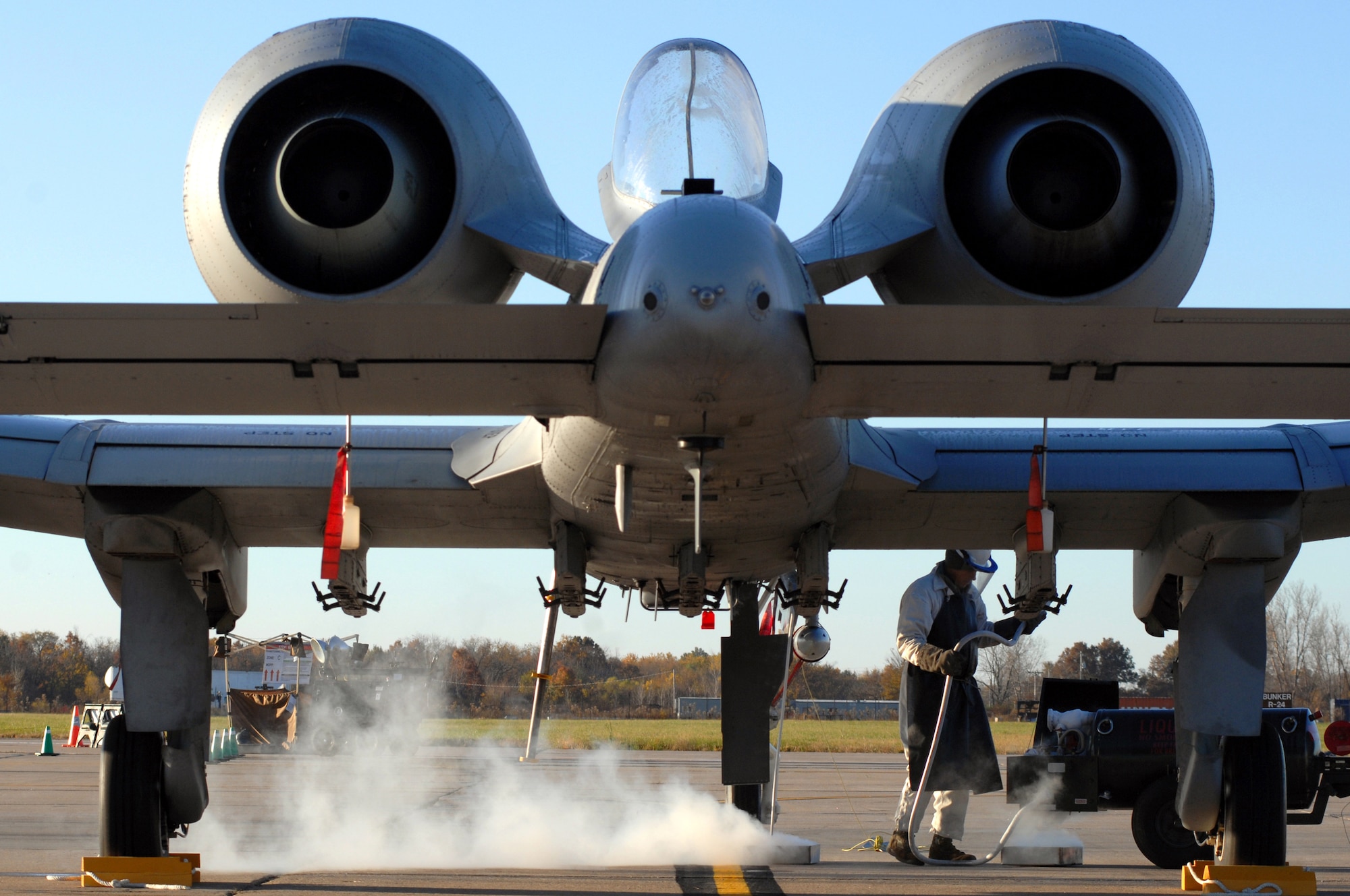 Staff Sgt. Joe Embrey, 442nd Aircraft Maintenance Squadron, loads liquid oxygen onto an A-10 Thunderbolt II from the 442nd Fighter Wing during an operational readiness inspection Oct. 24 at Whiteman Air Force Base, Mo.  The wing's pilots depend on the liquid oxygen, or LOX, to supply breathing oxygen during flight operations.  (U.S. Air Force photo/Senior Airman Kenny Holston)