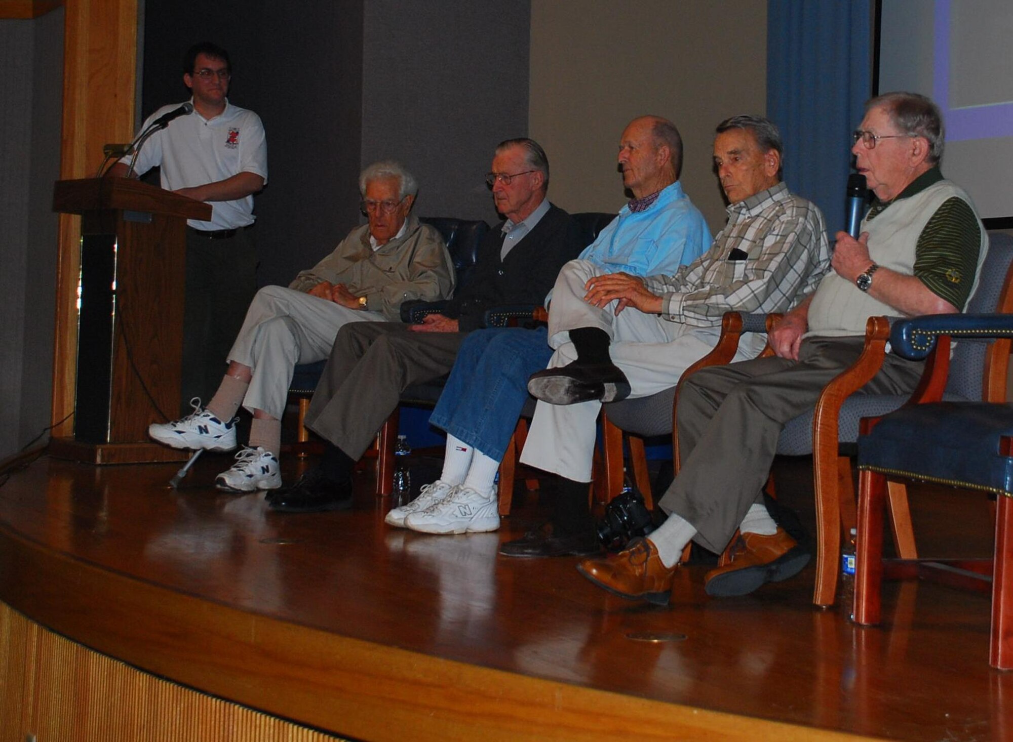 LAUGHLIN AIR FORCE BASE, Texas – Members of the highly-decorated 434th Fighter Squadron participate in a veterans’ panel at Anderson Hall here Oct. 22. The former Air Force fighter pilots were at Laughlin in celebration of their annual squadron reunion. (U.S. Air Force photo by Airman 1st Class Blake Mize)