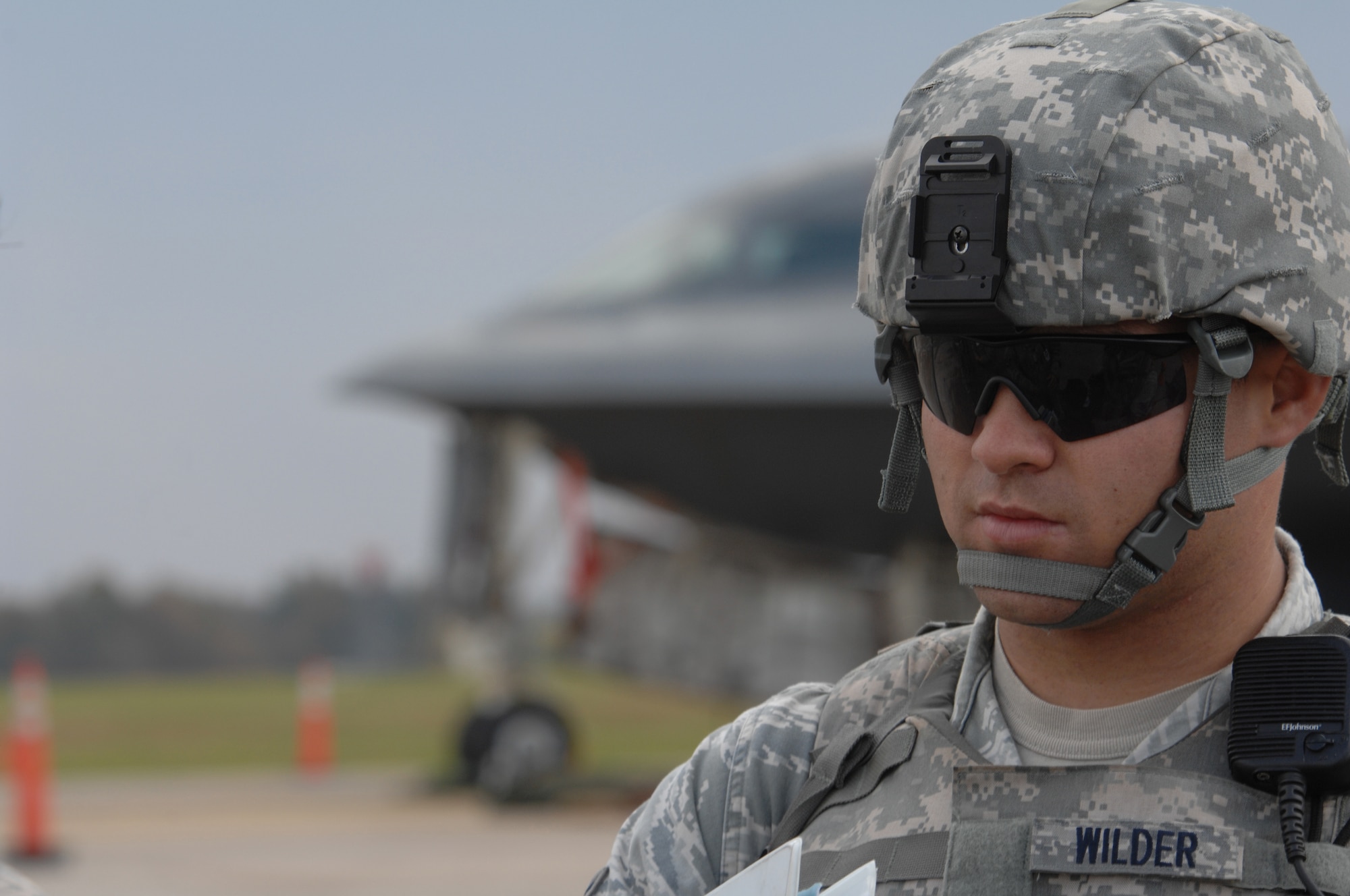 WHITEMAN AIR FORCE BASE, Mo. – Senior Airman Edward Wilder, 509th Security Forces, guards the entry control point to a B-2 Spirit during the base Nuclear Operational Readiness Inspection Oct. 16. Whiteman Air Force Base received an excellent during the NORI, a higher-headquarters inspection that evaluated the 509th Bomb Wing's capability to conduct nuclear operations.  (U.S. Air Force Photo/Senior Airman Jessica Snow)(Released) 