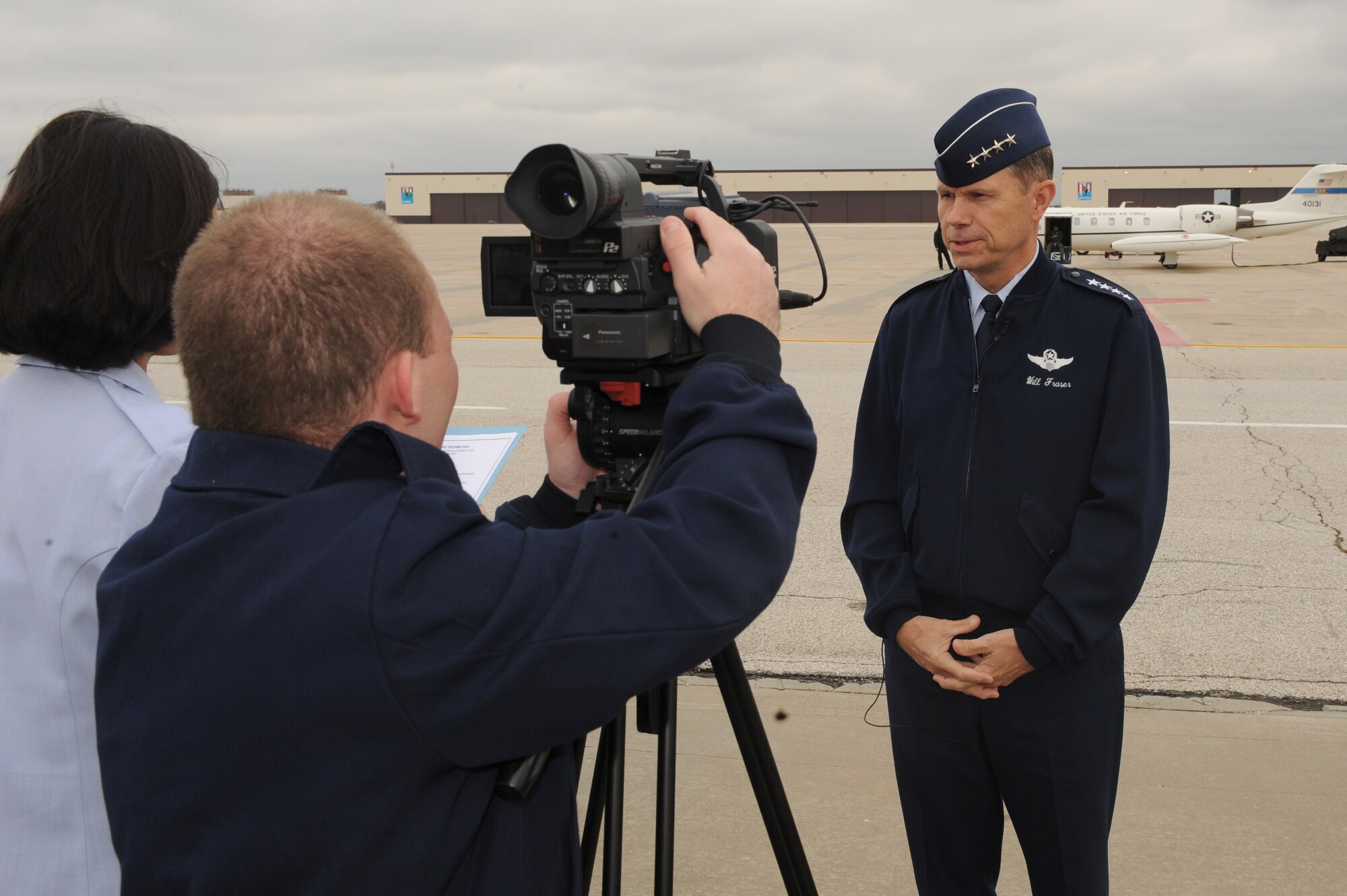 WHITEMAN AIR FORCE BASE,Mo. - Gen. William M. Fraser III, Air Combat commander, is interviewed by 509th Bomb Wing Public Affairs personnel prior to his departure, Oct. 26. General Fraser's spoke on the transition of Whiteman to Global Strike Command and the overall completion of the Nuclear Operations Readiness Inspection where Whiteman received a rating of excellent. (U.S. Air Force photo/Airman First Class Carlin Leslie)(Released) 