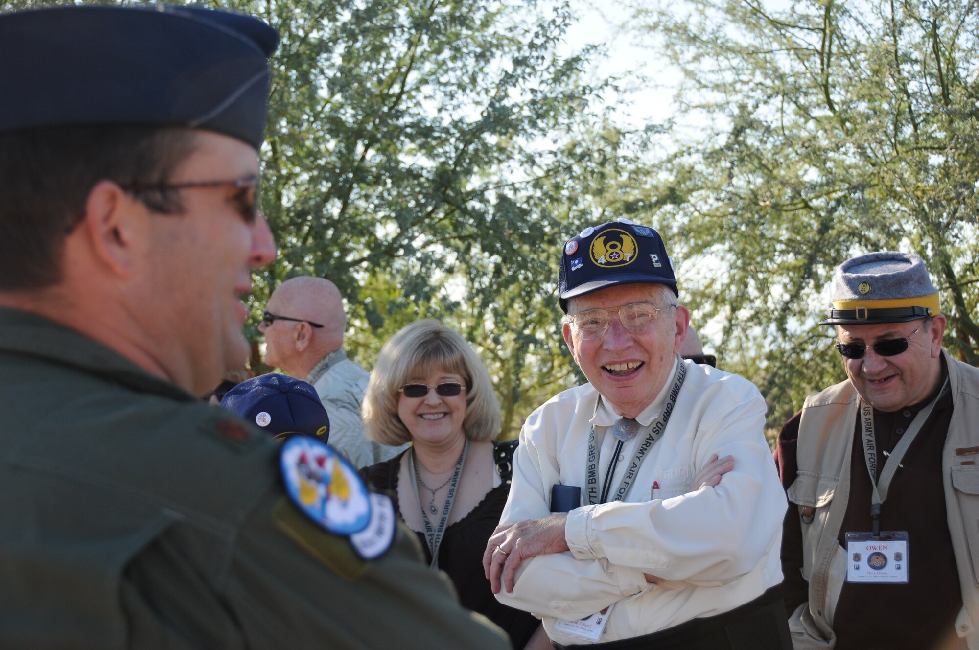 Maj. Brian Kilian, an instructor pilot with the 301st Fighter Squadron, tells about the 944th Fighter Wing mission and the capabilities of the F-16 during a tour Oct. 23. The 486th and 487th Bomb Groups conducted their annual reunion in Phoenix and visited the base as one of their events. Both bomb groups flew combat missions during World War II. (U.S. Air Force photo/Tech. Sgt. Susan Stout)