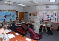 Senior Master Sgt. Maurice Arnold, an instructor at the Air Force Senior Noncommissioned Officers Academy, teaches cross cultural competence to senior noncommissioned officers at the AFSNCOA Oct. 23. (U.S. Air Force photo/Bennett Rock)

