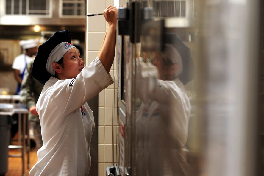 OFFUTT AIR FORCE BASE, Neb. - Senior Airman Oanh Moraine, a food service specialist with the 55th Force Support Squadron, marks down the temperature of one of three walk in freezers at the Ronald L. King Dining Facility here Oct. 22.  The King Dining Facility serves more than 17,000 meals a month providing food for Offutt's warriors. Air Combat Command's Hennessy Inspection Team visits Offutt Nov. 1 - 4 to evaluate the King Dining Facility and the Campsisi Dining Facility as they compete for the prestigious Hennessy Award, an honor that recognizes the best Dining Facility Program in the Air Force. U.S. Air Force Photo by Josh Plueger
