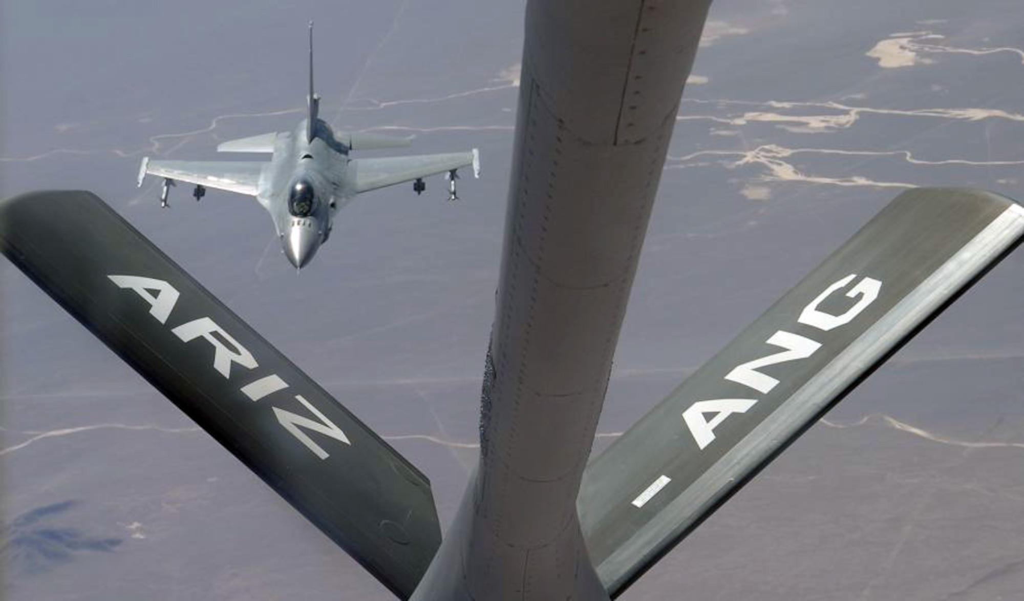 A Chilean F-16 approaches the boom of a U.S. KC-135 Stratotanker during a refueling mission Oct. 22, 2009, over Chile. The Chilean air force hosted military members from the United States, Brazil, Argentina and France during Exercise Salitre II, a multinational exercise focused on interoperability. (U.S. Air Force photo/Tech. Sgt. Eric Petosky) 