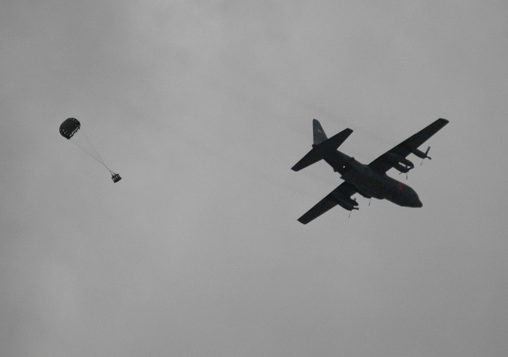 An Air Force Reserve C-130 Hercules assigned to the 302nd Airlift Wing executes a simulated container delivery system drop Sept. 24 at Fort Carson, Colo., in support of the U.S. Air Force Academy's Airdrop Enhanced Logistics Visibility System prototype. The AELVIS system demonstrated the ability of commanders in the field and at the headquarters level to simultaneously identify the location and contents of a CDS within minutes of the cargo leaving the aircraft. The AELVIS program aims to provide war fighters in locations like Iraq and Afghanistan with exact details on crucial cargo drops for resupply. (U.S. Air Force photo/Capt. Jody L. Ritchie)