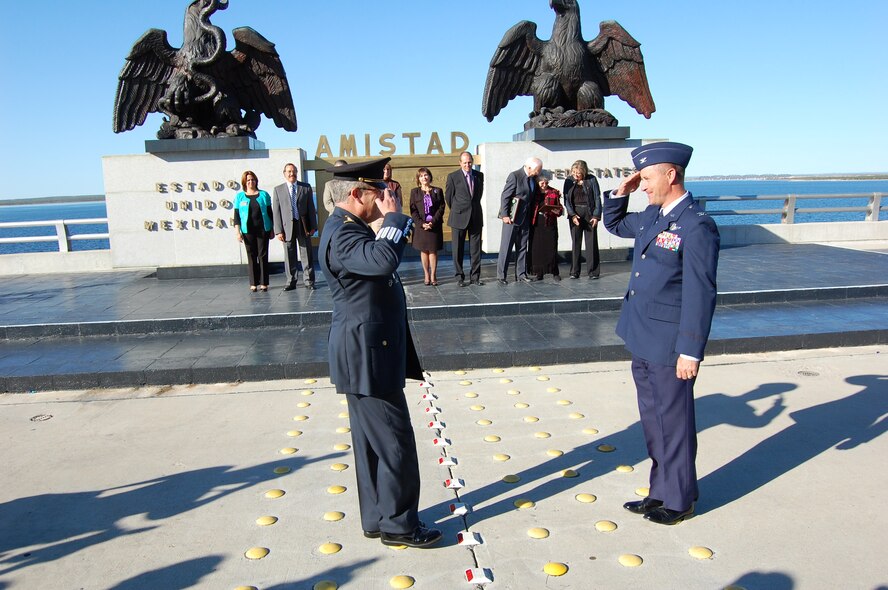 LAUGHLIN AIR FORCE BASE, Texas –– Col. Andrew Cernicky 47th Mission Support Group commander, greets Maj. Gen. Francisco Gonzalez, commander, at the 49th anniversary of the Abrazo ceremony.  The Abrazo, which means to embrace or hug in greeting a person, is an annual tradition that symbolizes the friendship of the Republic of Mexico and the United States of America. (U.S. Air Force photo by George McKnight)  