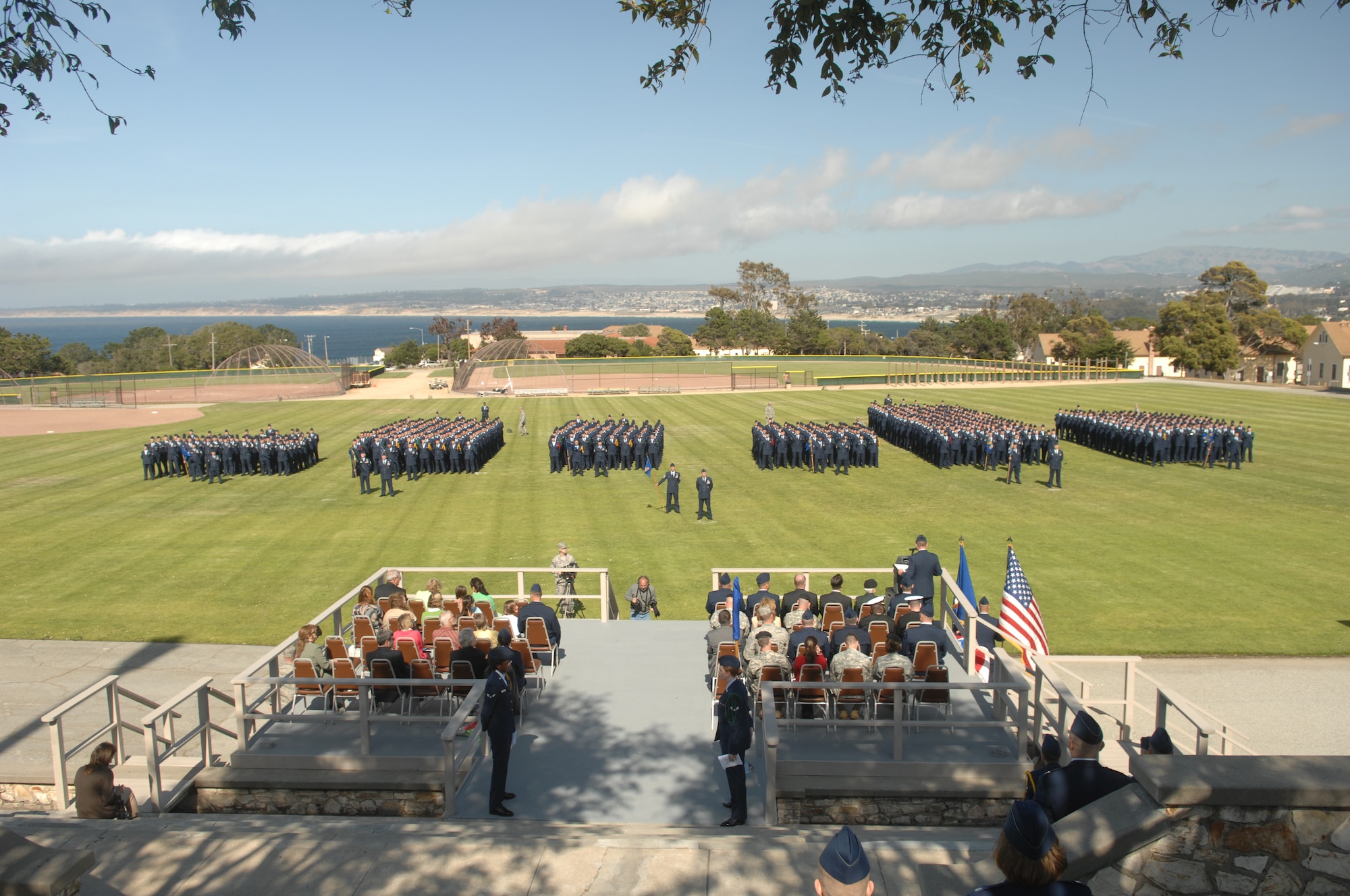 Members of the 311th and 314th Training Squadron stand at parade rest prior to the stand-up of the 517th Training Group at the Presidio of Monterey, Calif., May 15. The 517 TRG encompasses the two training squadrons and replaced the Air Force Element. (U.S. Air Force Photo/Tech. Sgt. John Barton)