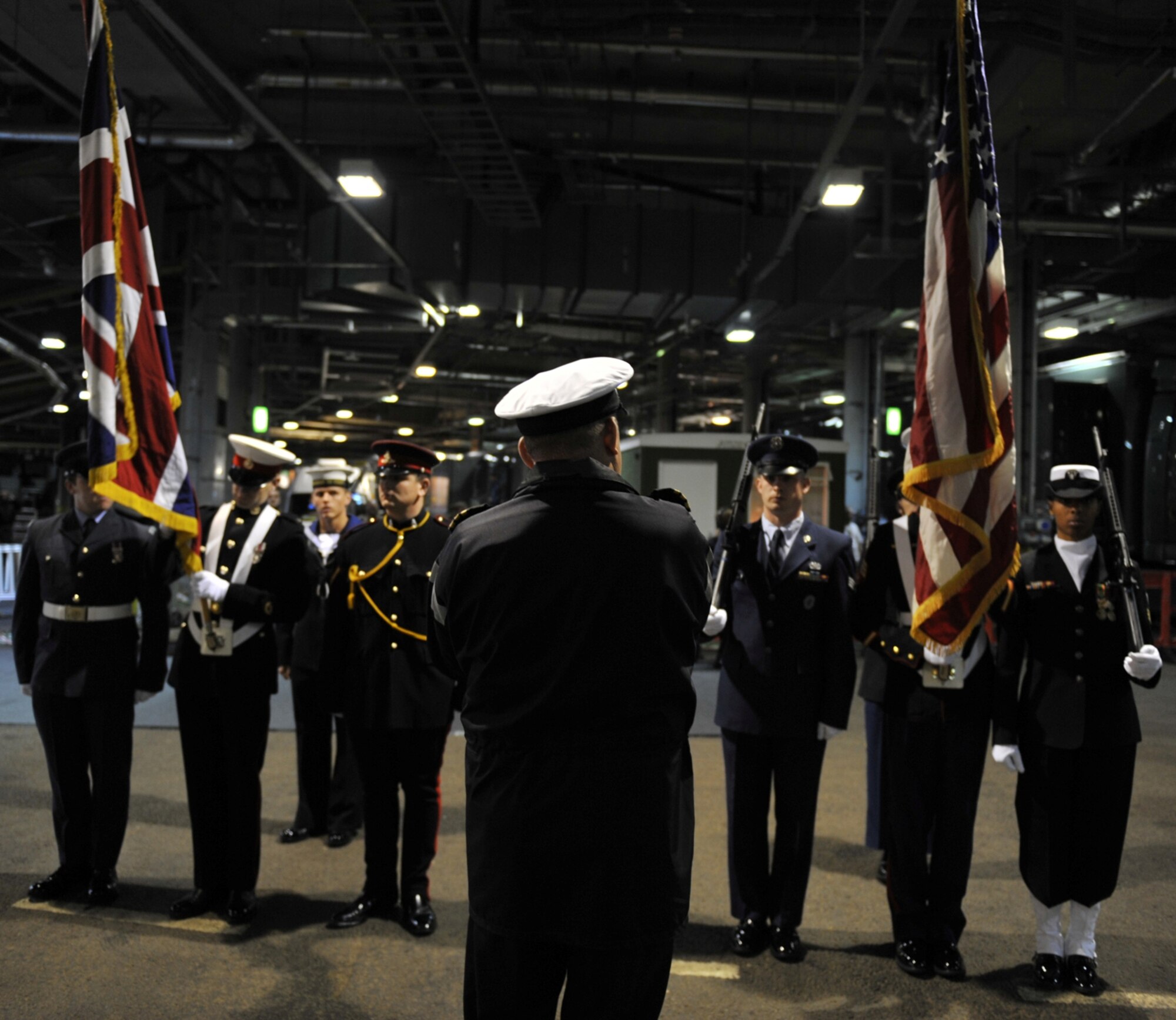JAC Joint Honor Guard and British Joint Color Guard practice before the NFL at Wembley Stadium.   (Photo by Air Force Staff Sgt. Javier Cruz)