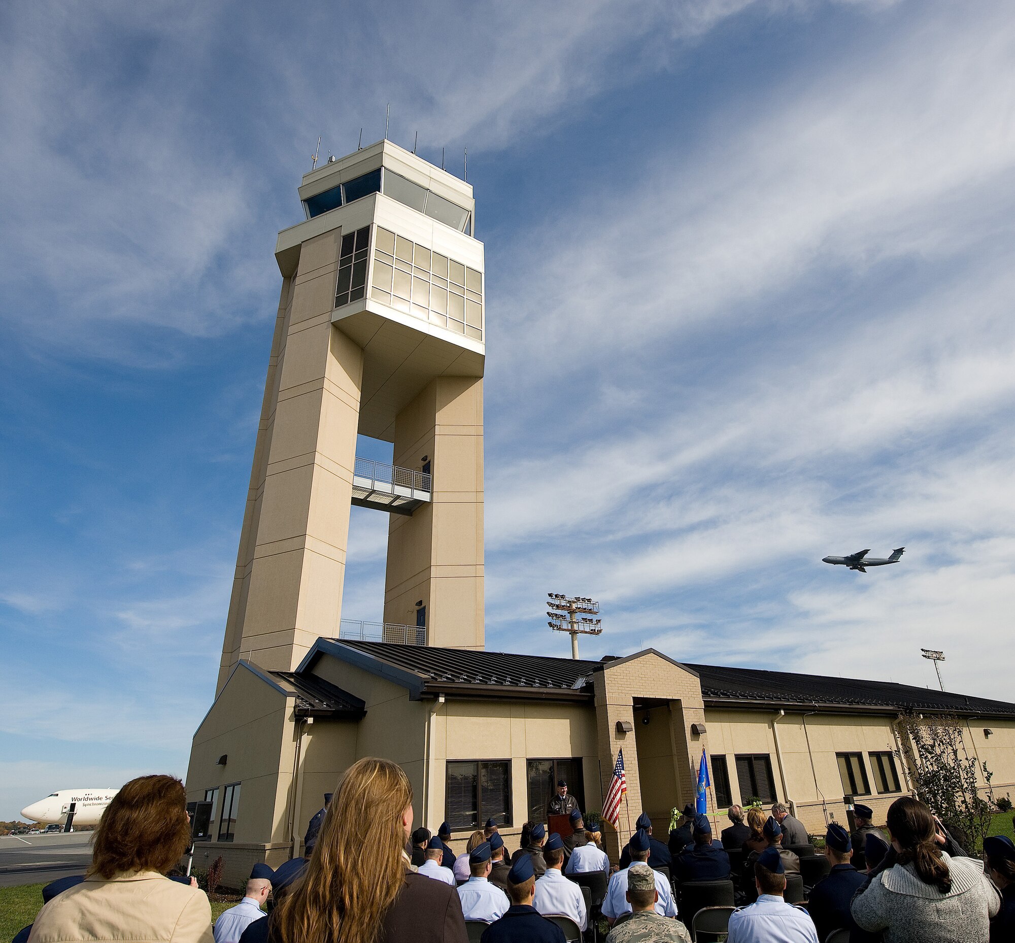 Col. Manson Morris, 436th Airlift Wing commander, speaks during the ribbon-cutting ceremony for the new Air Traffic Control Facility at Dover Air Force Base Oct. 26. The $16.3 million facility will replace the oldest stateside tower in the Air Force. (U.S. Air Force photo by Jason Minto)