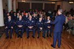 Gen. Stephen Lorenz, Air Education and Training Command commander, talks to the first Beta 1 class at their graduation at the Randolph Air Force Base Parr O' Club Oct. 23. The class combined the enlisted Basic Sensor Operator Course and Unmanned Aircraft Systems Fundamental's Course for officers. (U.S. Air Force photo by Rich McFadden)