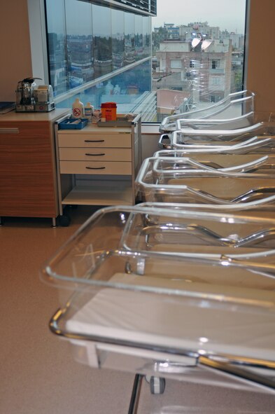 A row of baby carriages are put aside for newly delivered babies Wednesday, Oct. 21, 2009 inside the nursery at Açibadem Adana Hospital. Açibadem is a new hospital recently opened in Adana that will be used for expectant mothers at Incirlik to receive care throughout their pregnancy. (U.S. Air Force photo/Senior Airman Sara Csurilla)