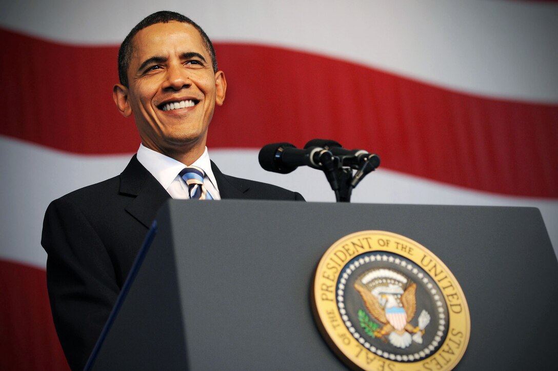 President Barack Obama delivers remarks to about 3,500 sailors, Marines and other troops during a visit on Naval Air Station Jacksonville, Fla., Oct. 26, 2009.