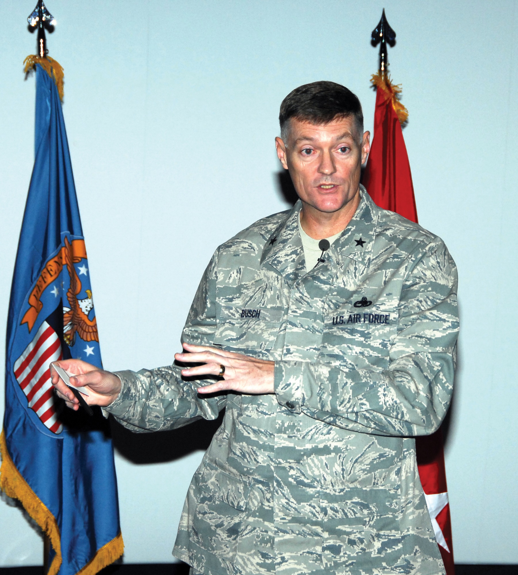 Brig. Gen. Andy Busch, commander of Defense Suply Center, Richmond, made his fifth visit to Robins to help make the transition of base employees to the Defense Logistics Agency a seamless one. U. S. Air Force photo by Claude Lazzara