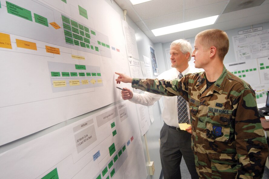 Ed Pratt, an engineer on the high velocity maintenance team, discusses the end-to-end maintenance process with 1st Lt. Andrew Soine, HVM program manager from the 580th Aircraft Sustainment Group. (Air Force photo by Sue Sapp)