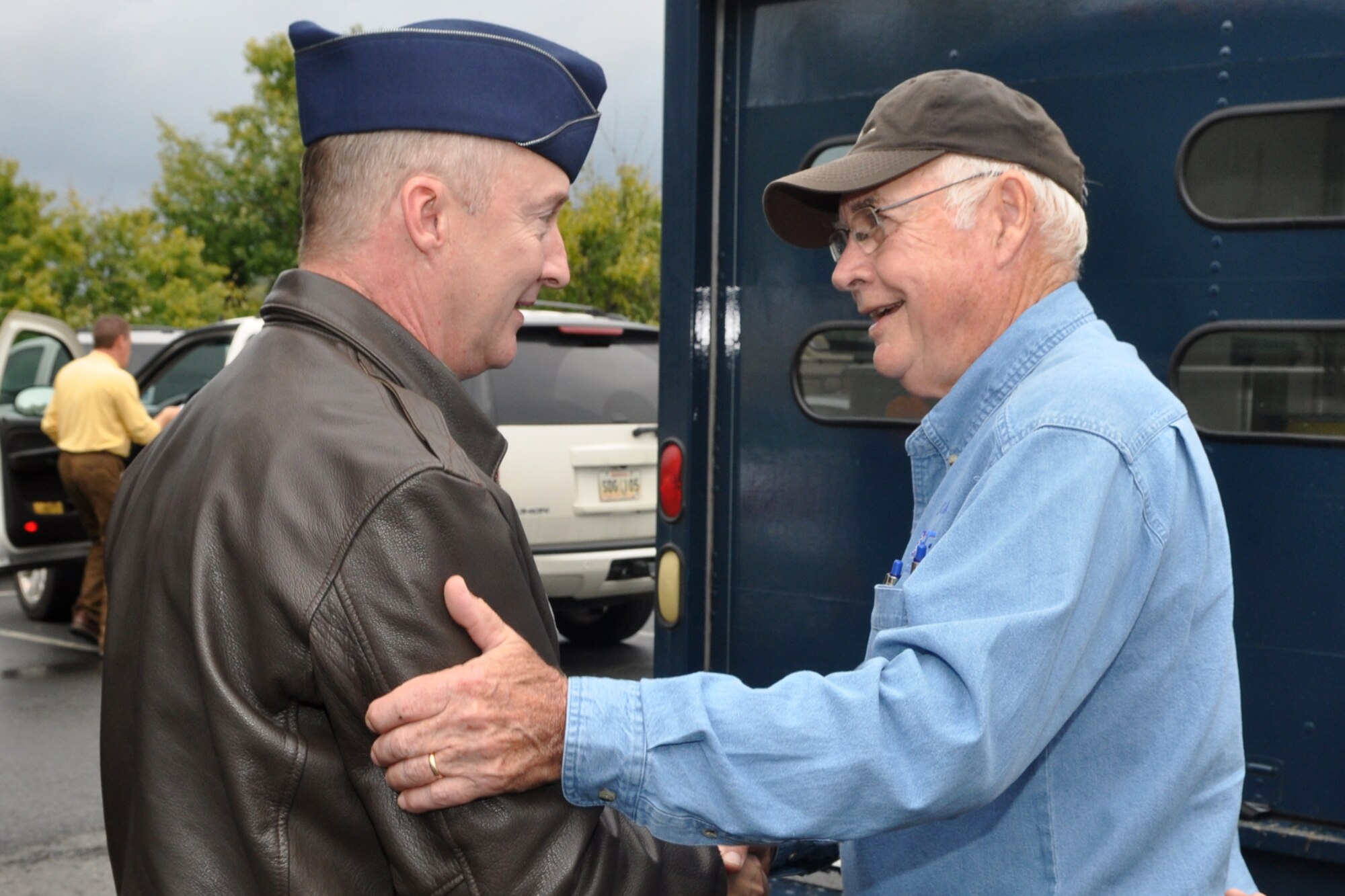 Mr. John Emory, Community Trust Bank, thanks Colonel Edmund Walker, commander, 917th Wing, after getting back to Barksdale Air Force Base, La., October 22, 2009. More than twenty-six influential civic leaders from the Shreveport/Bossier City area of Louisiana gained first-hand knowledge of operations of the Air Force during a two-day “Civic Leader Tour” flight from Barksdale Air Force Base, La., to Eglin Air Force Base, Fla., on October 21-22, 2009. The leaders received several mission briefings and viewed a static display of the MC-130 Combat Talon I as well as touring several facilities at Eglin AFB and Duke Field, Fla. (U.S. Air Force photo/Tech. Sgt. Jeff Walston) 