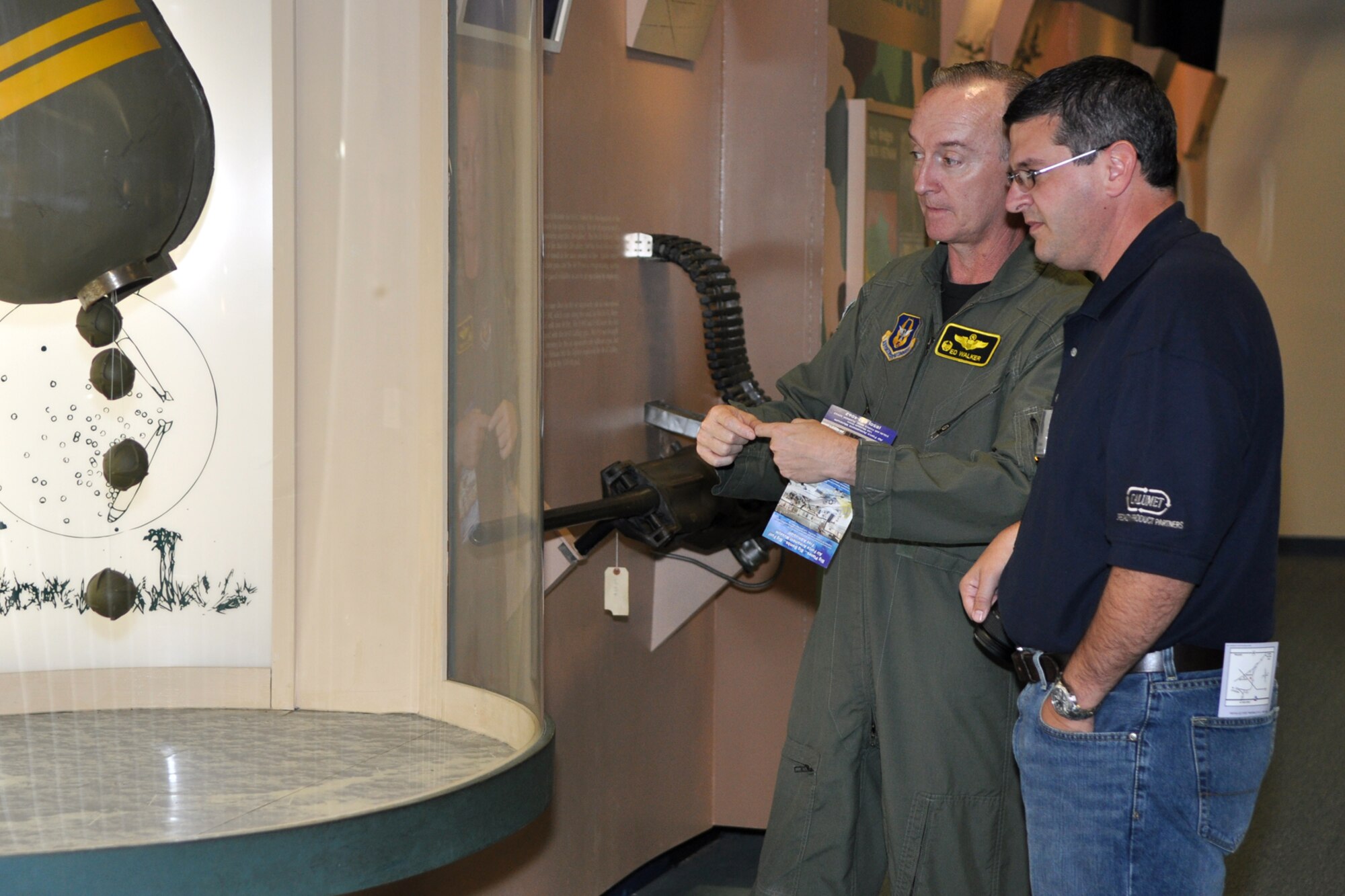Colonel Edmund Walker, commander, 917th Wing, explains the cause and effect of cluster munitions to Mr. Chris Booras of Calumet Specialty Products, during a visit to the United States Air Force Armament Museum at Eglin Air Force Base, Fla., October 24, 2009. More than twenty-six influential civic leaders from the Shreveport/Bossier City area of Louisiana gained first-hand knowledge of operations of the Air Force during a two-day “Civic Leader Tour” flight from Barksdale Air Force Base, La., to Eglin AFB, on October 21-22, 2009. The leaders received several mission briefings and viewed a static display of the MC-130 Combat Talon I as well as touring several facilities at Eglin AFB and Duke Field, Fla. (U.S. Air Force photo/Tech. Sgt. Jeff Walston)