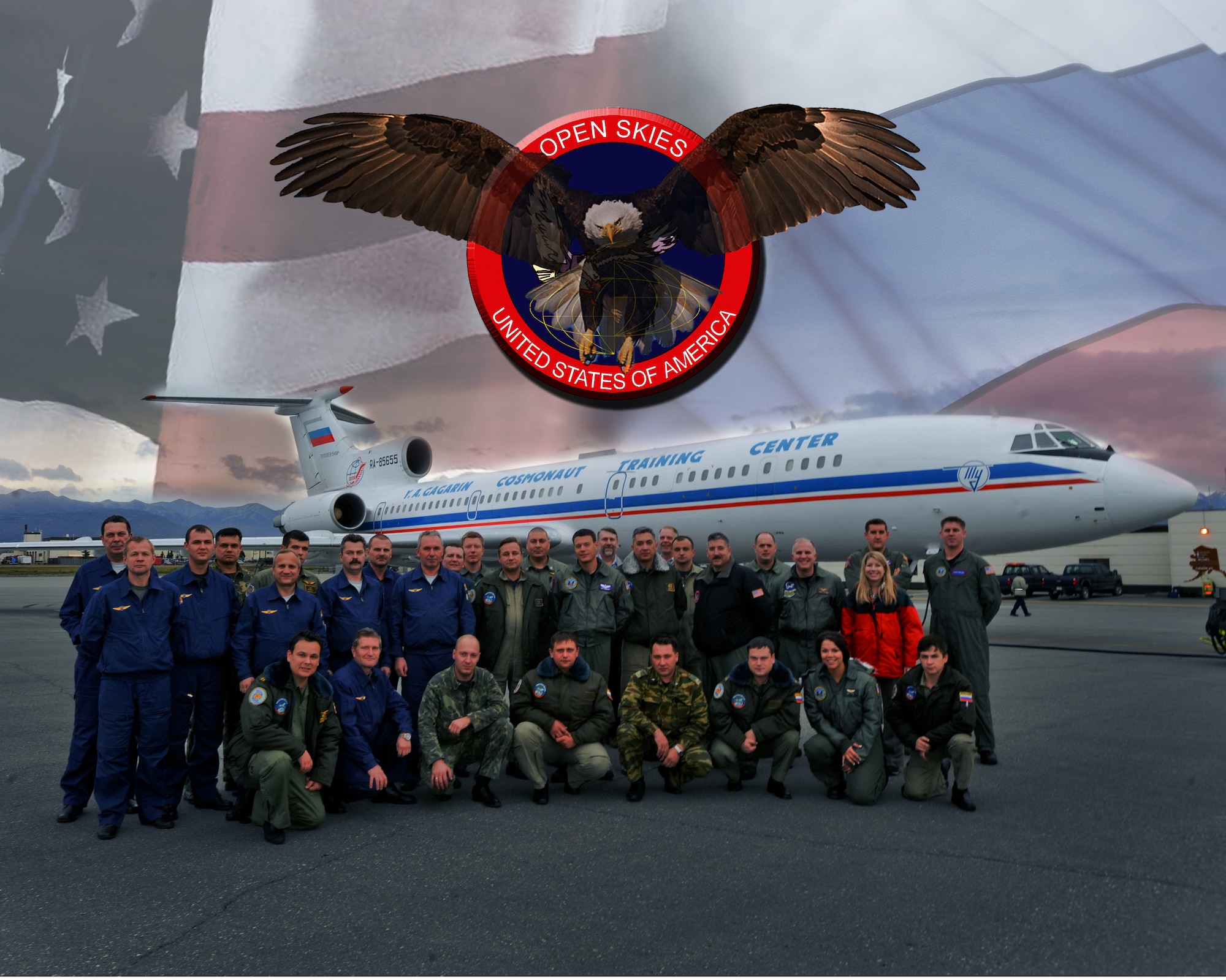 ELMENDORF AIR FORCE BASE, Alaska -- Russian military members stand in front of a Russian TU-154 after a flyover mission here as part of the Open Skies Treaty. The Open Skies treaty, which was signed in the early 1992, is designed to enhance openness and cooperation between all participating countries.(U.S. Air Force photoillistration/ Staff Sgt. Joshua Garcia)