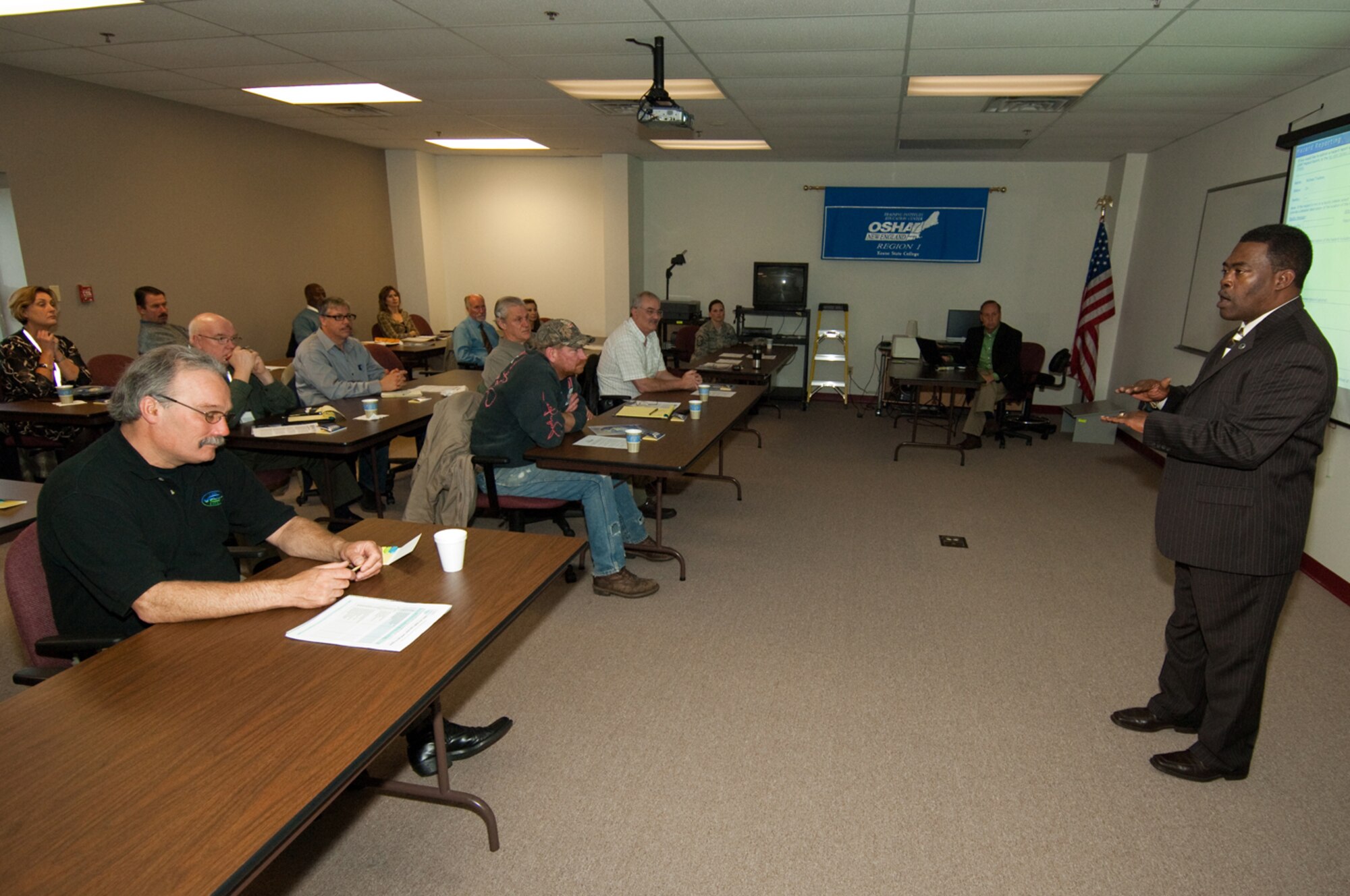 HANSCOM AIR FORCE BASE, Mass. – Galen Williams, 66th Air Base Wing Safety Office director, explains Hanscom’s roadmap to success in achieving certification as a Voluntary Protection Program Star site on Oct. 23 during an OSHA Meet and Greet Session in Manchester, New Hampshire. The Meet and Greet event was attended by companies in the New England region that are interested in pursuing VPP certification. (U.S. Air Force photo by Rick Berry)
