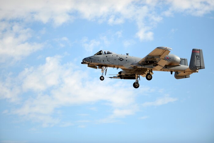NELLIS AIR FORCE BASE, Nev. --  An A-10 Thunderbolt II "Warthog" assigned to the 188th Fighter Wing, Arkansas Air National Guard prepares to land at Red Flag 10-1, Oct. 22, 2009. Red Flag is a realistic combat training exercise involving the air forces of the United States and its allies. The exercise is conducted on the 15,000-square-mile Nevada Test and Training Range, north of Las Vegas. (U.S. Air Force photo by Airman 1st Class Brett Clashman)(Released)