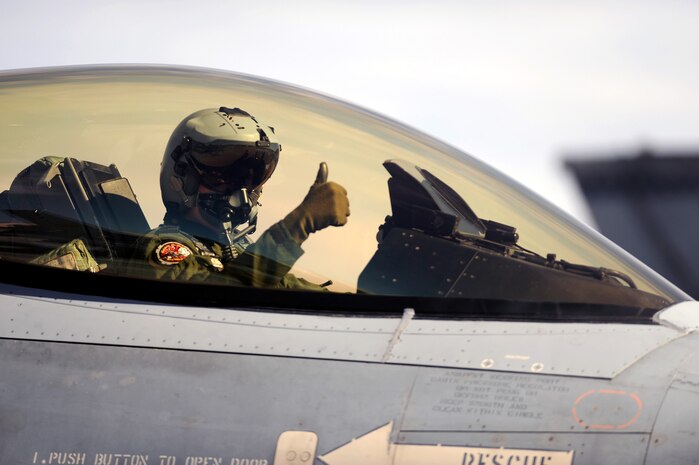 NELLIS AIR FORCE BASE, Nev. --  Capt. Jokob Devenpeck, A Fighter Pilot assigned to The Royal Netherlands Air Force, gives a "thumbs up" before taxiing out, at Red Flag 10-1, Oct. 22, 2009. Red Flag is a realistic combat training exercise involving the air forces of the United States and its allies. The exercise is conducted on the 15,000-square-mile Nevada Test and Training Range, north of Las Vegas. (U.S. Air Force photo by Airman 1st Class Brett Clashman)(Released)