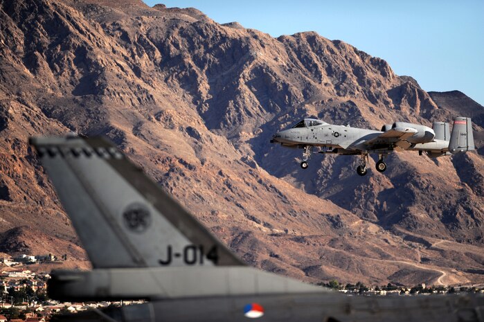 NELLIS AIR FORCE BASE, Nev. -- An A-10 Thunderbolt II "Warthog" assigned to the 188th Fighter Wing, Arkansas Air National Guard, prepares to land at Red Flag 10-1, Oct. 20, 2009. Red Flag is a realistic combat training exercise involving the air forces of the United States and its allies. The exercise is conducted on the 15,000-square-mile Nevada Test and Training Range, north of Las Vegas. (U.S. Air Force photo by Airman 1st Class Brett Clashman)(Released)