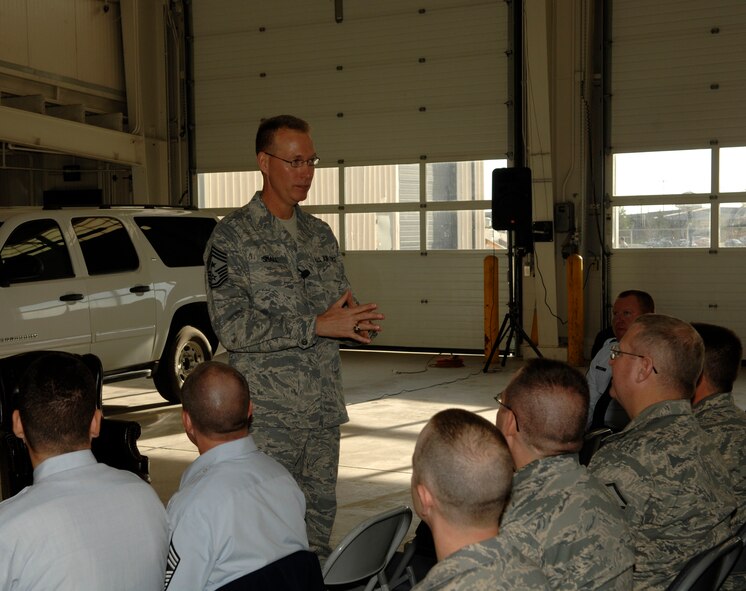 MINOT AIR FORCE BASE, N.D. - - Chief Master Sgt. Richard Small, command chief of Air Force Space Command, talks to a group of noncommissioned officers during a NCO call here, Oct. 26. Chief Small visited MAFB to participate in leadership meetings. (U.S. Air Force photo by Senior Airman Matthew Smith)