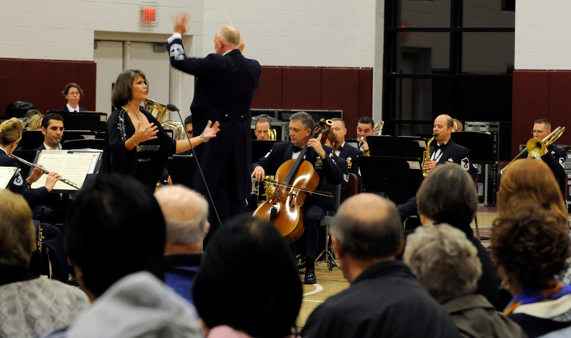 The United States Air Force Band performs at Bishop McNamara High School Oct. 27 in Forestville, Md. The Band performed several musical pieces during the two-hour concert for more than 200 students and parents. The largest musical ensemble of The United States Air Force Band is the Concert Band. Performing regularly for the general public in the greater Washington, D.C., area and on biannual community relations tours throughout the United States, The Air Force Concert Band is also in constant demand by many of the world's most highly respected professional musical organizations. The Concert Band is proud to represent the United States as a component of The United States Air Force Band, "America's International Musical Ambassadors." (U.S. Air Force photo by Staff Sgt. Tim Chacon)