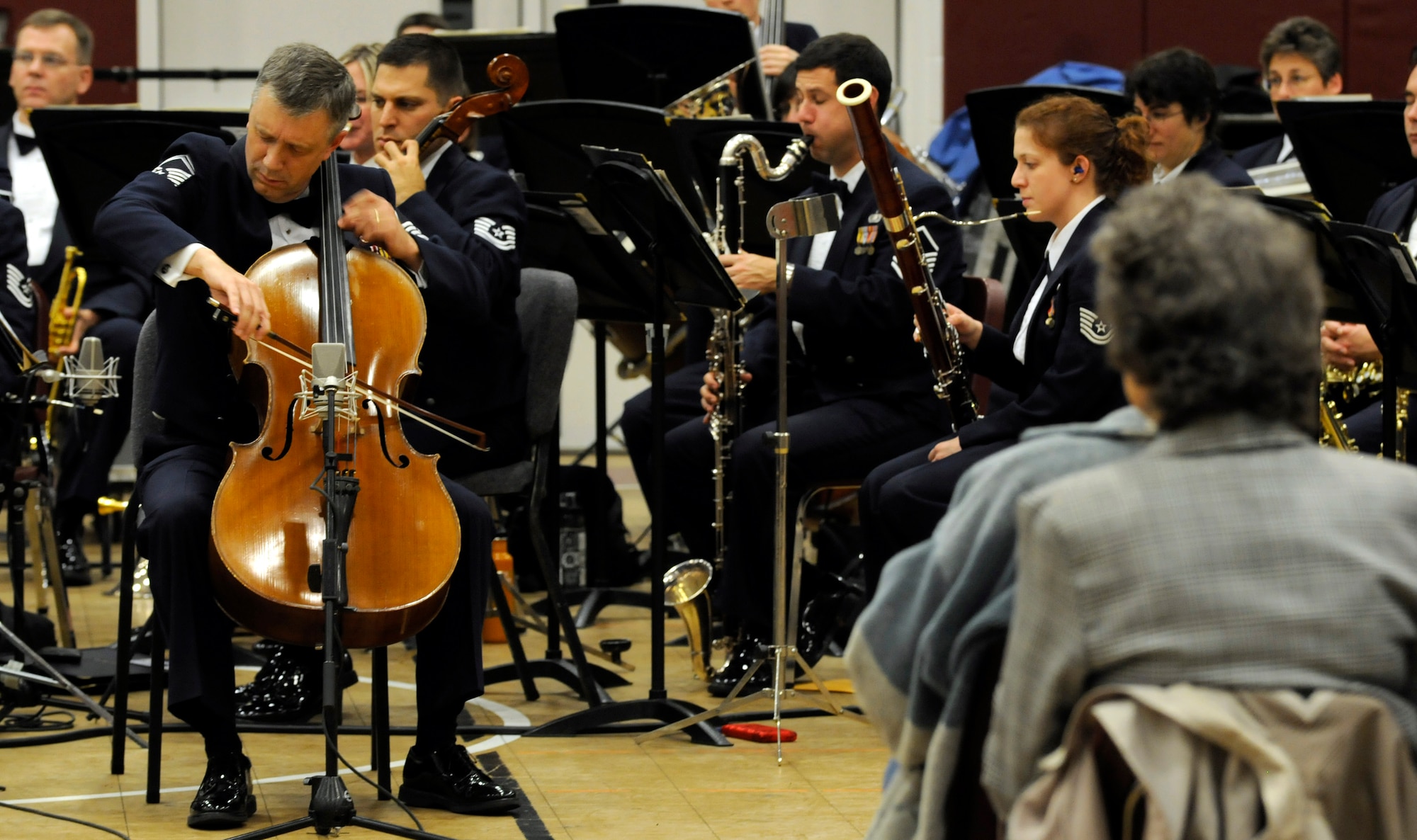 Senior Master Sgt. Christopher Moehlenkamp, United States Air Force Band, plays the cello during a performance at Bishop McNamara High School Oct. 27 in Forestville, Md. The Band performed several musical pieces during the two-hour concert for more than 200 students and parents. The largest musical ensemble of The United States Air Force Band is the Concert Band. Performing regularly for the general public in the greater Washington, D.C., area and on biannual community relations tours throughout the United States, The Air Force Concert Band is also in constant demand by many of the world's most highly respected professional musical organizations. The Concert Band is proud to represent the United States as a component of The United States Air Force Band, "America's International Musical Ambassadors." (U.S. Air Force photo by Staff Sgt. Tim Chacon)
