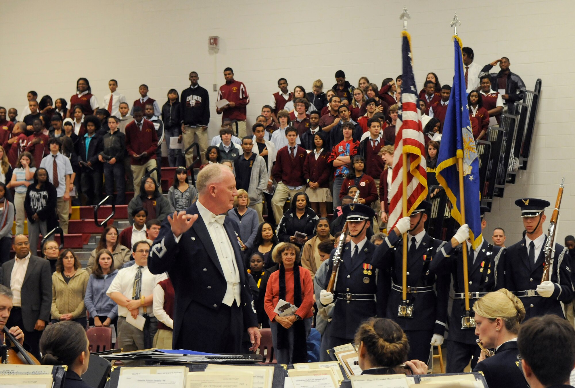 The United States Air Force Band performs at Bishop McNamara High School Oct. 27 in Forestville, Md. The Band performed several musical pieces during the two-hour concert for more than 200 students and parents. The largest musical ensemble of The United States Air Force Band is the Concert Band. Performing regularly for the general public in the greater Washington, D.C., area and on biannual community relations tours throughout the United States, The Air Force Concert Band is also in constant demand by many of the world's most highly respected professional musical organizations. The Concert Band is proud to represent the United States as a component of The United States Air Force Band, "America's International Musical Ambassadors." (U.S. Air Force photo by Staff Sgt. Tim Chacon)
