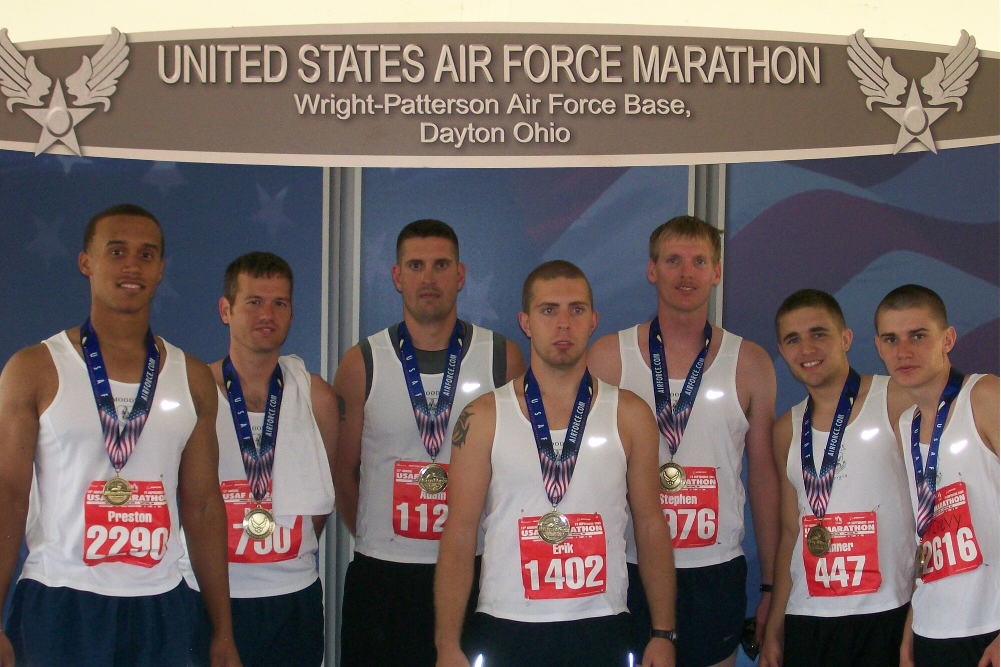 WRIGHT-PATTERSON AIR FORCE BASE, Ohio -- Moody's Air Force Marathon Team consisted of (from left to right) Senior Airman Preston Woodard, 23rd Equipment Maintenance Squadron, Tech. Sgt. Rodney Elliott, 38th Rescue Squadron, Staff Sgt. Adam Jacobs, 23rd Equipment Maintenance Squadron, Airman 1st Class Erik Maziarz, 23rd Logistics Readiness Squadron, Stephen Sparks, 23rd Contracting Squadron, Airman 1st Class Tanner Bryan, 23rd Logistics Readiness Squadron and Airman 1st Class Anton Shevchenko, 23rd Logistics Readiness Squadron. (Courtesy photo)