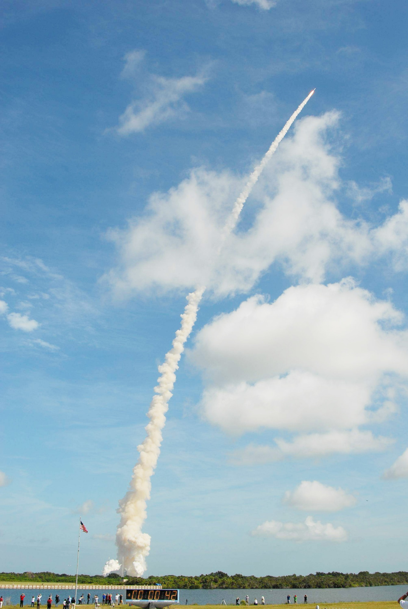 With more than 12 times the thrust produced by a Boeing 747 jet aircraft, the Constellation Program's Ares I-X test rocket roars off Launch Complex 39B at NASA's Kennedy Space Center in Florida Oct. 28, 2009. The rocket produces 2.96 million pounds of thrust at liftoff and goes supersonic in 39 seconds.  (NASA photo/Jim Grossmann)