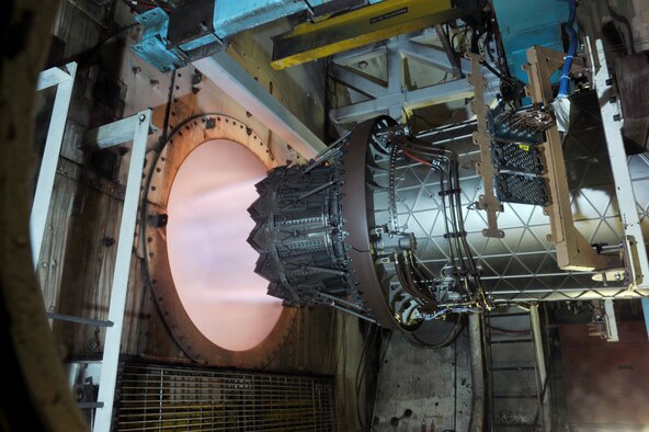 An F135-PW-100 engine undergoes ground testing in AEDC’s J-2 test cell to evaluate the F-35 Lightning II Joint Strike Fighter’s power plant for upcoming flight testing. (Photo by Rick Goodfriend)