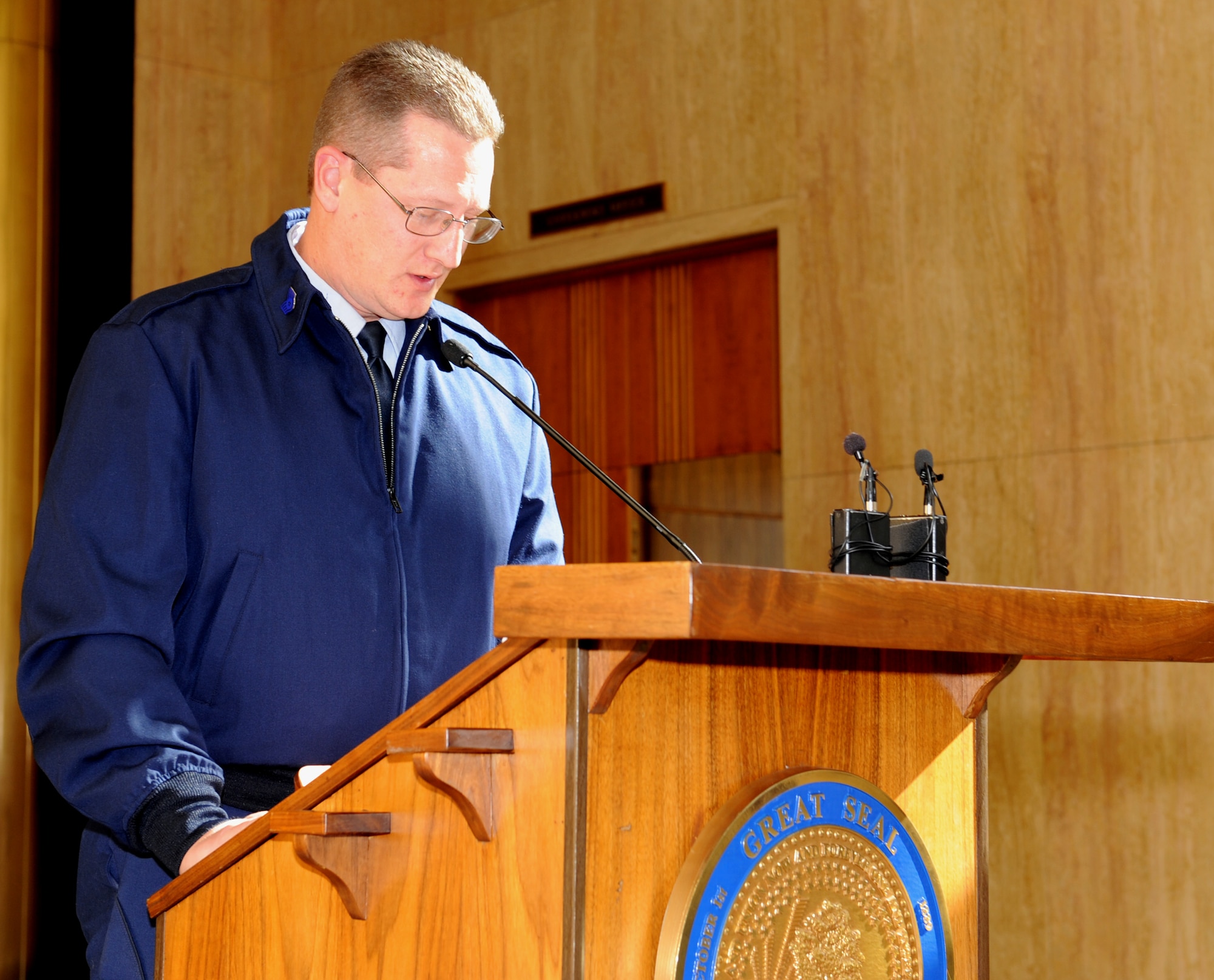 BISMARCK, N.D.  -- Staff Sgt. Keith Ballard, 5th Bomb Wing customer service noncommissioned officer-in-charge, accepts the proclamation for all active duty military members in North Dakota here, Oct. 26. The 4th annual Day of the Deployed ceremony is part of an active way to support our brothers in arms who are sent overseas in order to protect the freedoms of America and her allies. (U.S. Air Force photo by Senior Airman Michael Veloz)