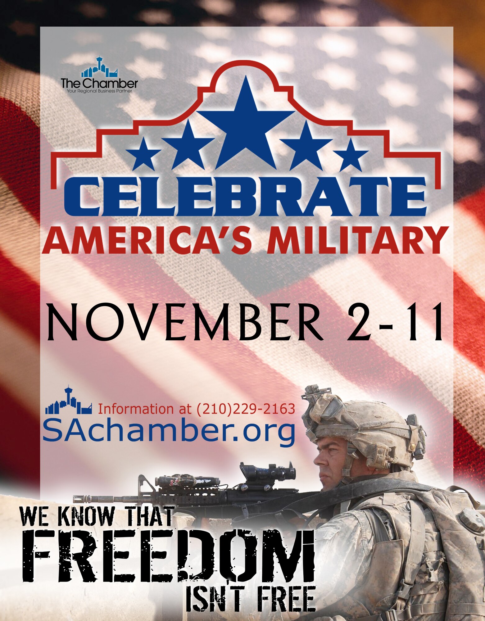 Several free events for DOD ID cardholders are planned for Celebrate America's Military Week Nov 2- 11 in honor of the men and women who fight for freedom. Highlights of the week include the Randolph Air Show, Veteran's Day Parade in downtown San Antonio and a concert by the San Antonio Symphony. 