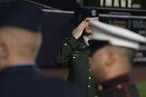 Army Col. Mark J. McKearn, brigade tactical officer, Brigade Tactical Department, US Military Academy West Point, N.Y., salutes the outfield-sized American Flag carried by Marines, sailors, airmen, soldiers and West Point cadets prior to the first game of the 2009 World Series in Yankee Stadium, Oct. 28, New York. The ceremony honored military veterans. (Official Marine Corps photo by Sgt. Randall A. Clinton)