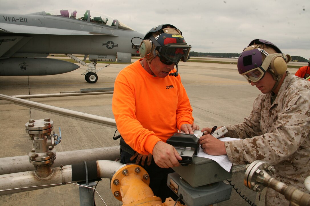 John Woleslagle, an aircraft attendant with Marine Corps Air Station Cherry Point's Visiting Aircraft Line and Lance Cpl. Daniel Kusa, a bulk fuel specialist with Headquarters and Headquarters Squadron fuels department, logs fuel amounts as an F/A-18 Hornet participating in Exercise Bold Quest makes a stop aboard MCAS Cherry Point to refuel, Oct. 29. The exercise, designed by the U.S. Joint Forces Command, included military personnel from the U.S. and 10 allied nations.