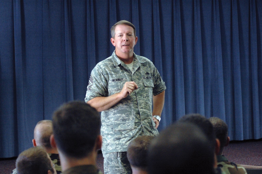Chief Master Sergeant of the Air Force Rodney McKinley addresses enlisted personnel at the Robins NCO Academy as part of the chief’s visit to Robins Air Force Base, Ga., Oct. 11. (Air Force photo by Sue Sapp)