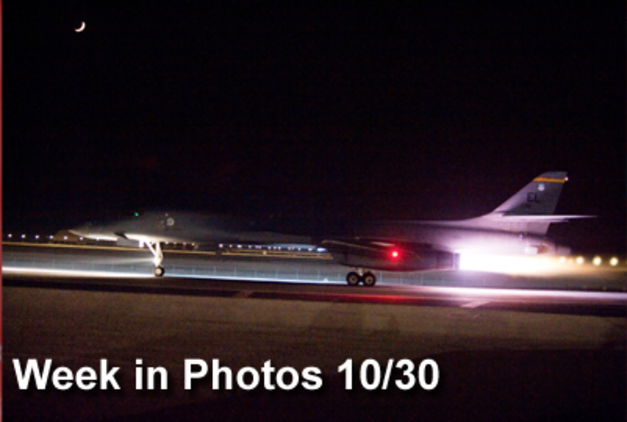 Air Force Week in Photos for Oct. 30 highlights photos from around the Air Force. In this photo by Staff Sgt. Robert Barney, a B1-B Lancer takes off from an air base in Southwest Asia Oct. 21, 2009, on a combat mission.  (U.S. Air Force illustration)