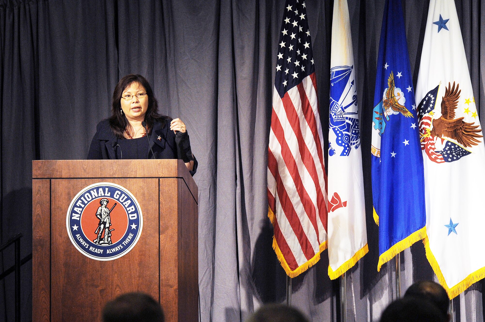 Tammy Duckworth, the assistant secretary of public and intergovernmental affairs for the Department of Veterans Affairs, speaks at the 2009 National Guard Bureau Public Affairs Training Workshop Oct. 27, 2009, in Landsdowne, Va. Ms. Duckworth addressed many of the recent changes made at the VA including a streamlined process for servicemembers to receive care, additional clinics, advancements in care for women and electronic medical records designed to follow the servicemember throughout his or her career. (U.S. Army photo/Sgt. 1st Class Jon Soucy)
