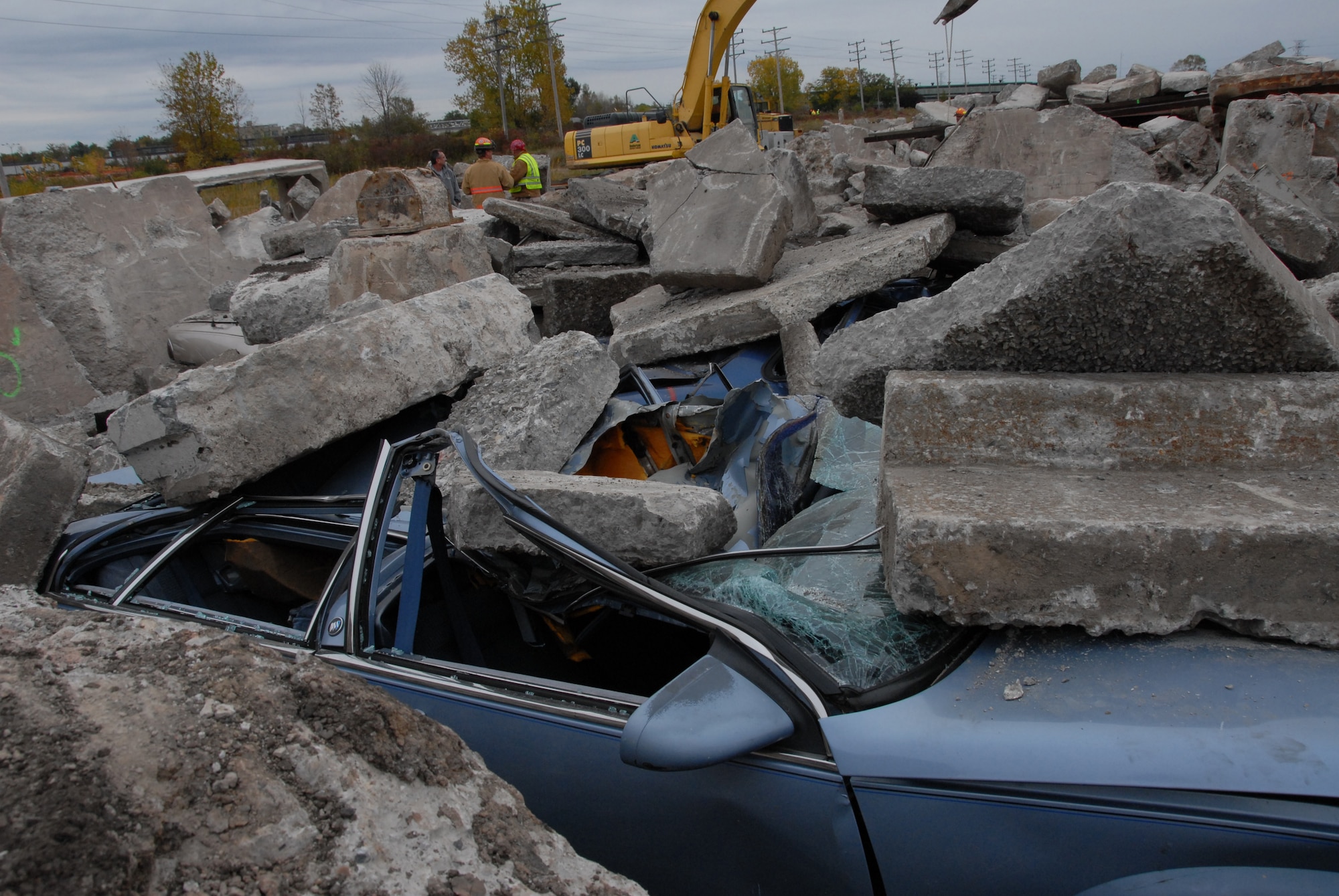 In the Town of Tonawanda, construction crews have been systematically placing a combination of rubble, vehicles and mannequins to create a variety of training scenarios. This realistic site with talking mannequins is designed to provide rescuers the ability to perform both search and rescue, and search and recovery exercises. It will also provide the platform for medical personnel to evaluate and evacuate the casualties. (U.S. Air Force photo/SMSgt. Ray Lloyd