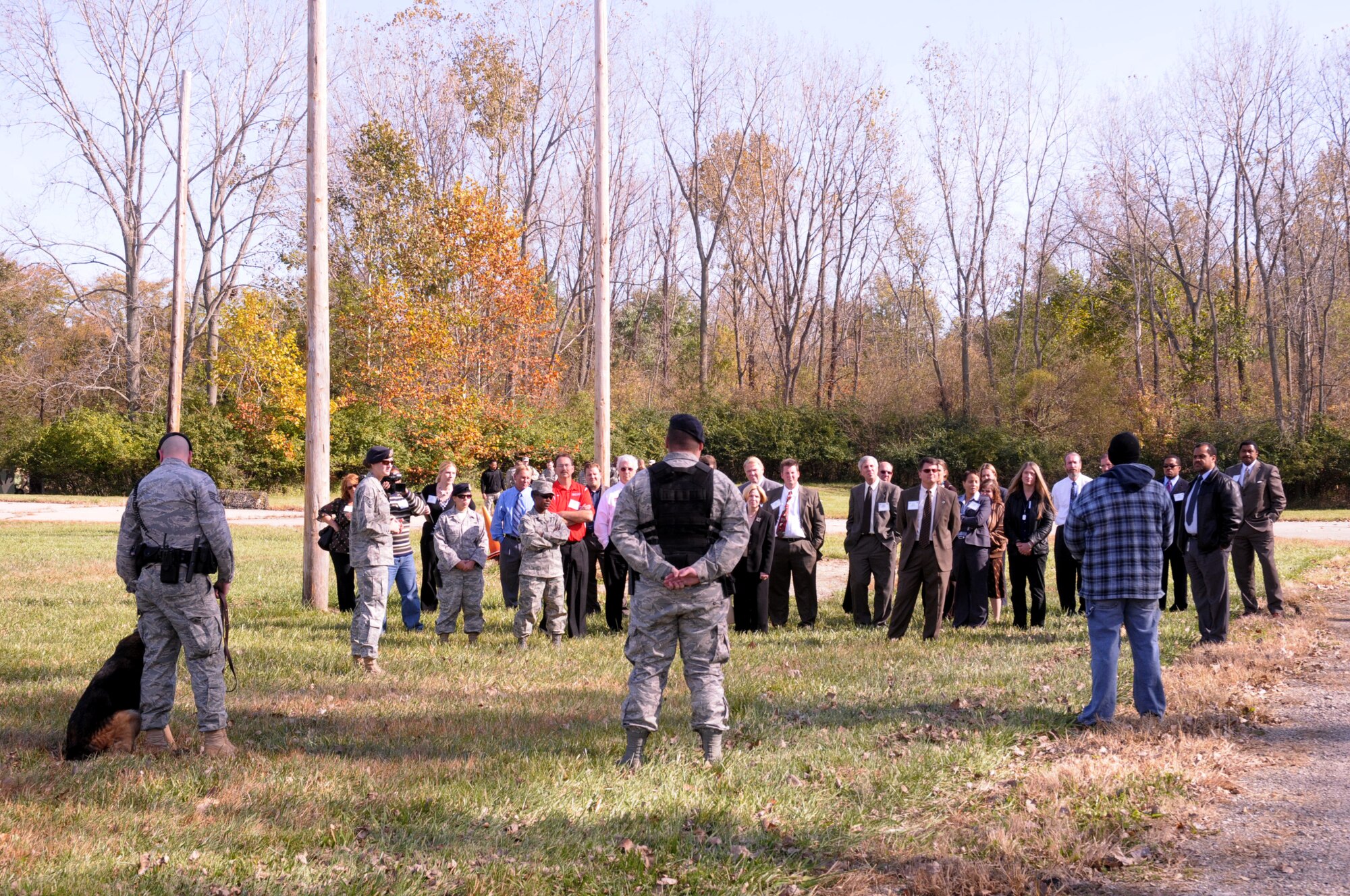 Group of Security Force Airmen meet with a group of
superintendents from local school districts during an orientation visit
introducing the group to military culture on Oct. 21.  The group observed a
military working dog demonstration, had the chance to eat Meals Ready to
Eat, and participated in other events during their visit.
