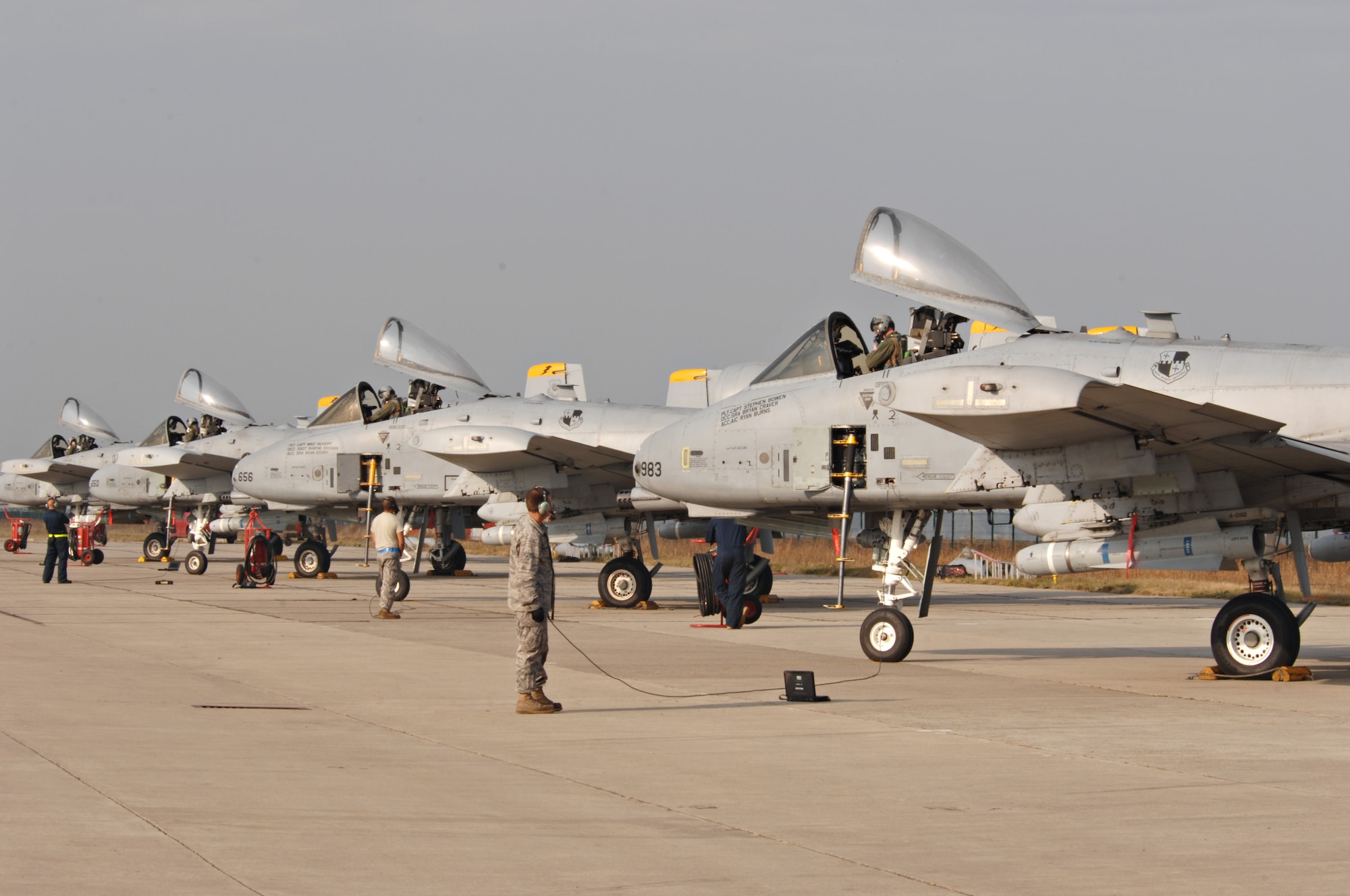 CAMPIA TURZII, Romania – A group of A-10 Thunderbolt IIs sit ready to take off while deployed in support of Operation Dacian Thunder 2009, Oct. 26. During the operation the U.S. Air Force flew about 100 sorties; half of which were with the Romanian air force. (U.S. Air Force photo/Senior Airman Benjamin Wilson)