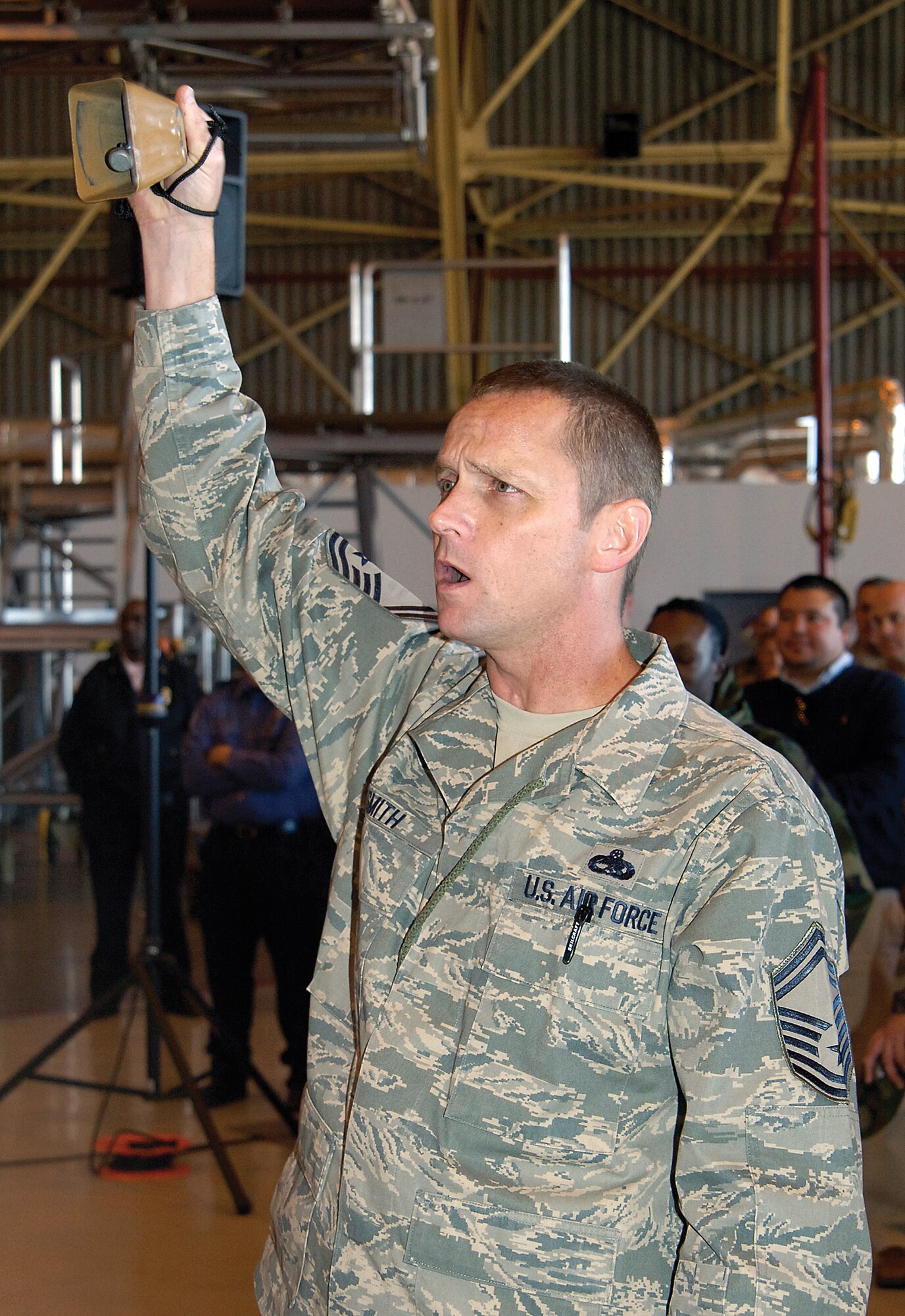 Senior Master Sgt. J.T. Smith, 552nd Aircraft Maintenance Squadron assistant maintenance chief, gets into the spirit of the ORI rally.  (Air Force photo by Margo Wright)